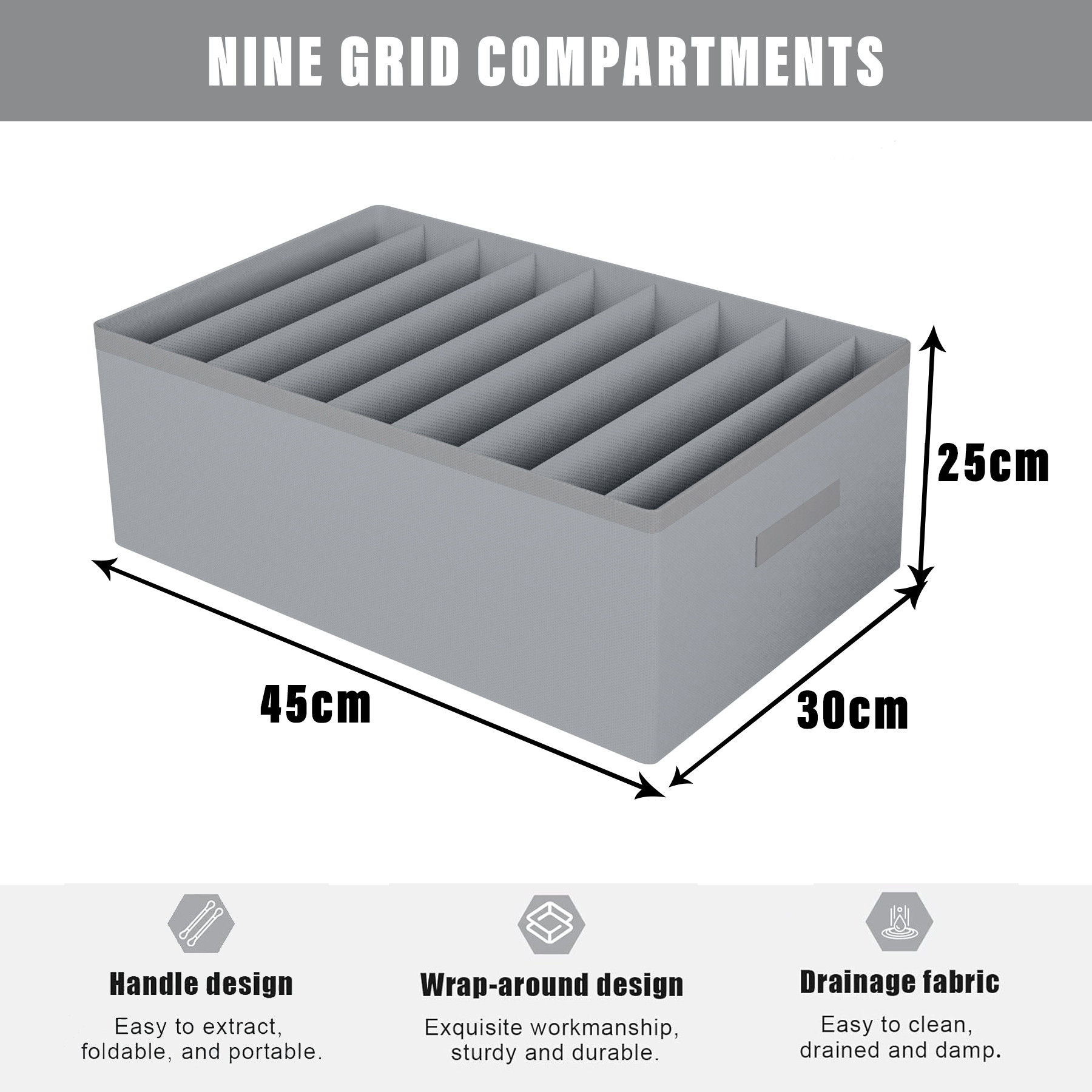 Kuber Industries Trouser Box | Wardrobe Organizer | Clothes Organizer | Storage Box for Pants-Shirt-Sweaters-Bra Panty-Socks | 9-Grid Closet Organizer | Plain | Large | Gray