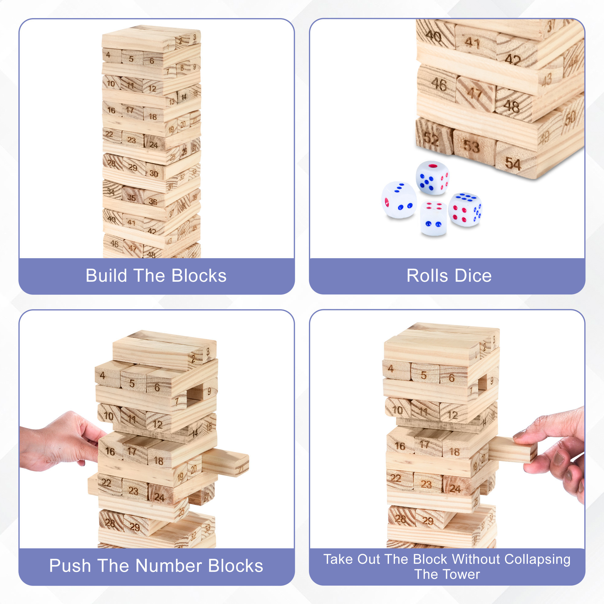 Kuber Industries Tumbling Tower Wooden  54 Pcs with Dice Jenga Block Adults and Kids  Balancing and Building Indoor Games  Wooden Block Jenga  Cream