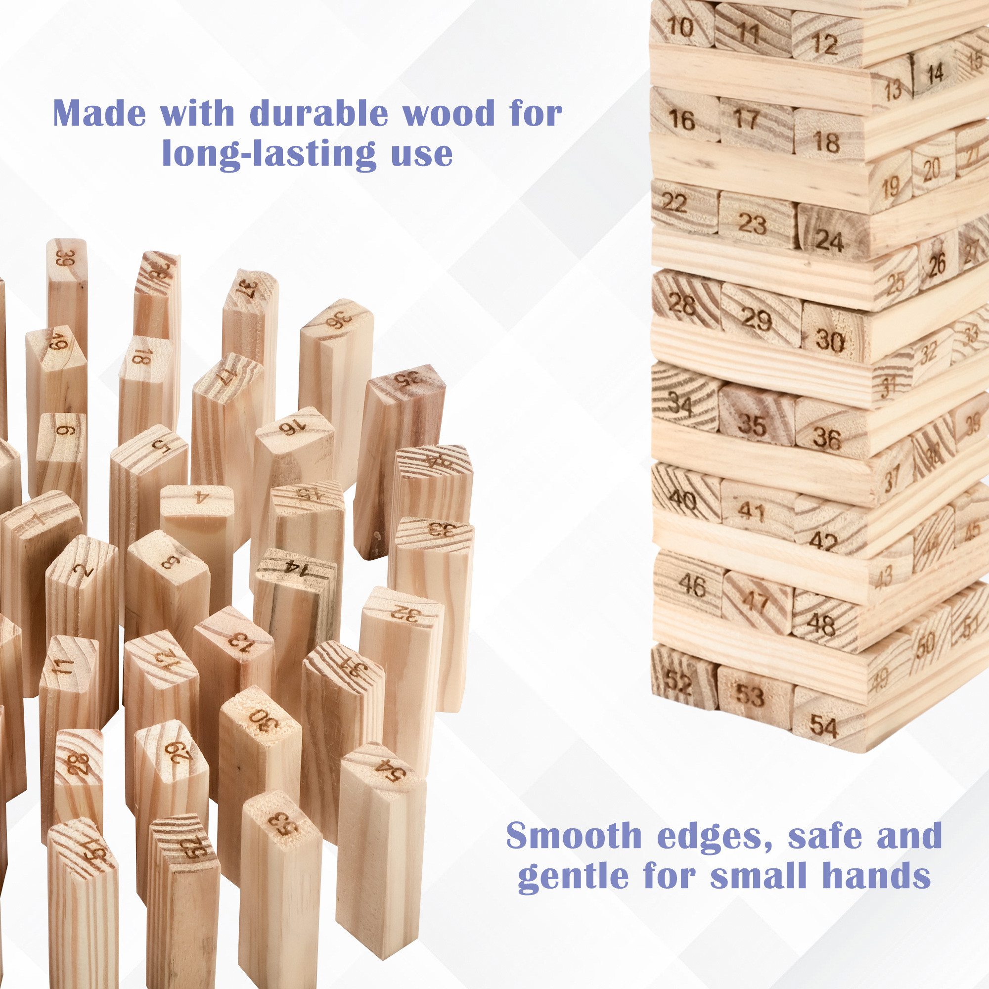 Kuber Industries Tumbling Tower Wooden  54 Pcs with Dice Jenga Block Adults and Kids  Balancing and Building Indoor Games  Wooden Block Jenga  Cream