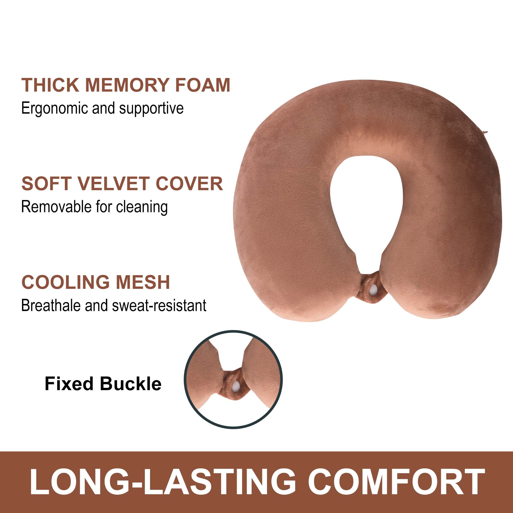 Kuber Industries U-Shaped Memory Foam Neck Pillow for FLight Travel Train  Car with Press Button  Portable Travelling Pillow  Ideal for Long Journeys  Relaxation  JR-1-BRN  Brown