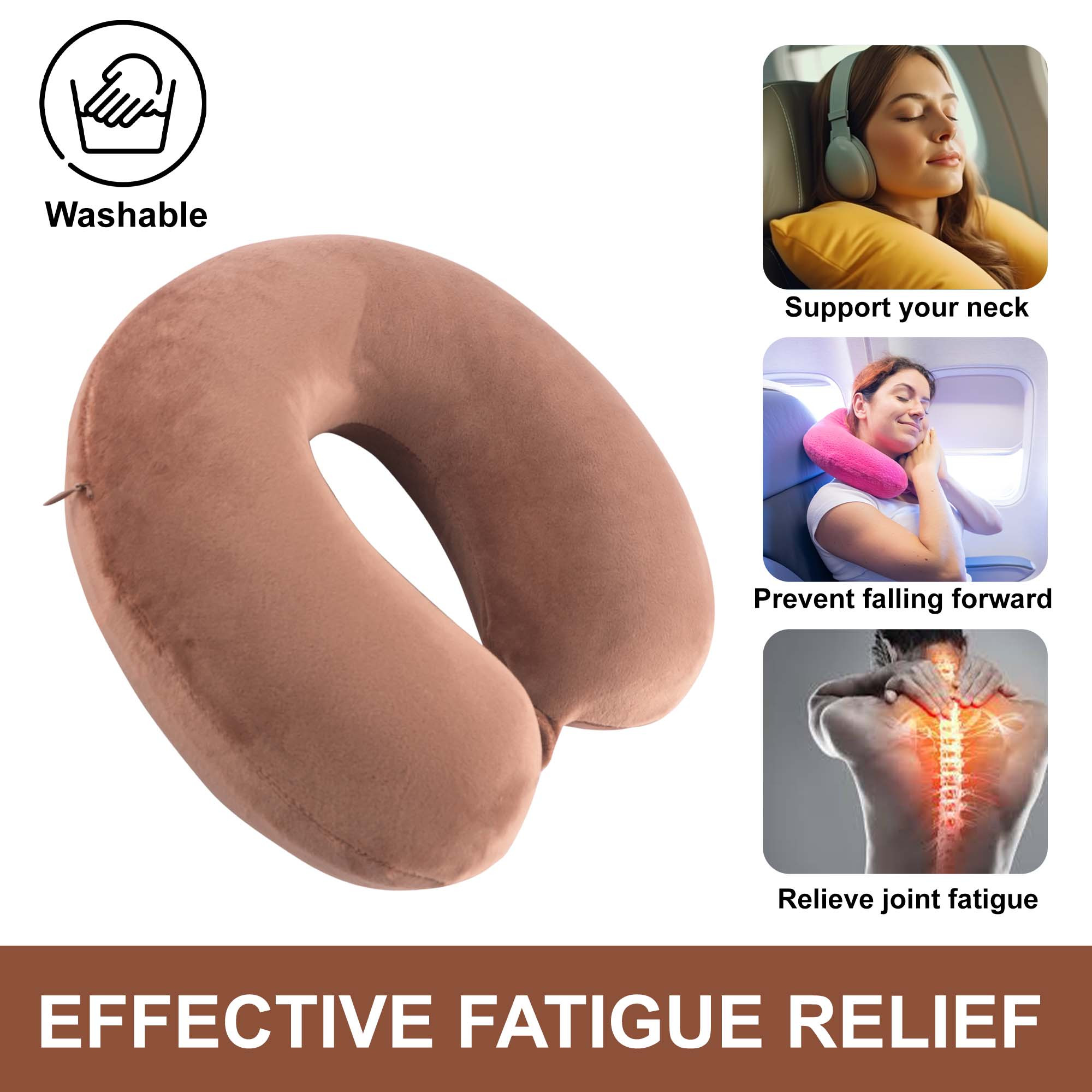 Kuber Industries U-Shaped Memory Foam Neck Pillow for FLight Travel Train  Car with Press Button  Portable Travelling Pillow  Ideal for Long Journeys  Relaxation  JR-1-BRN  Brown