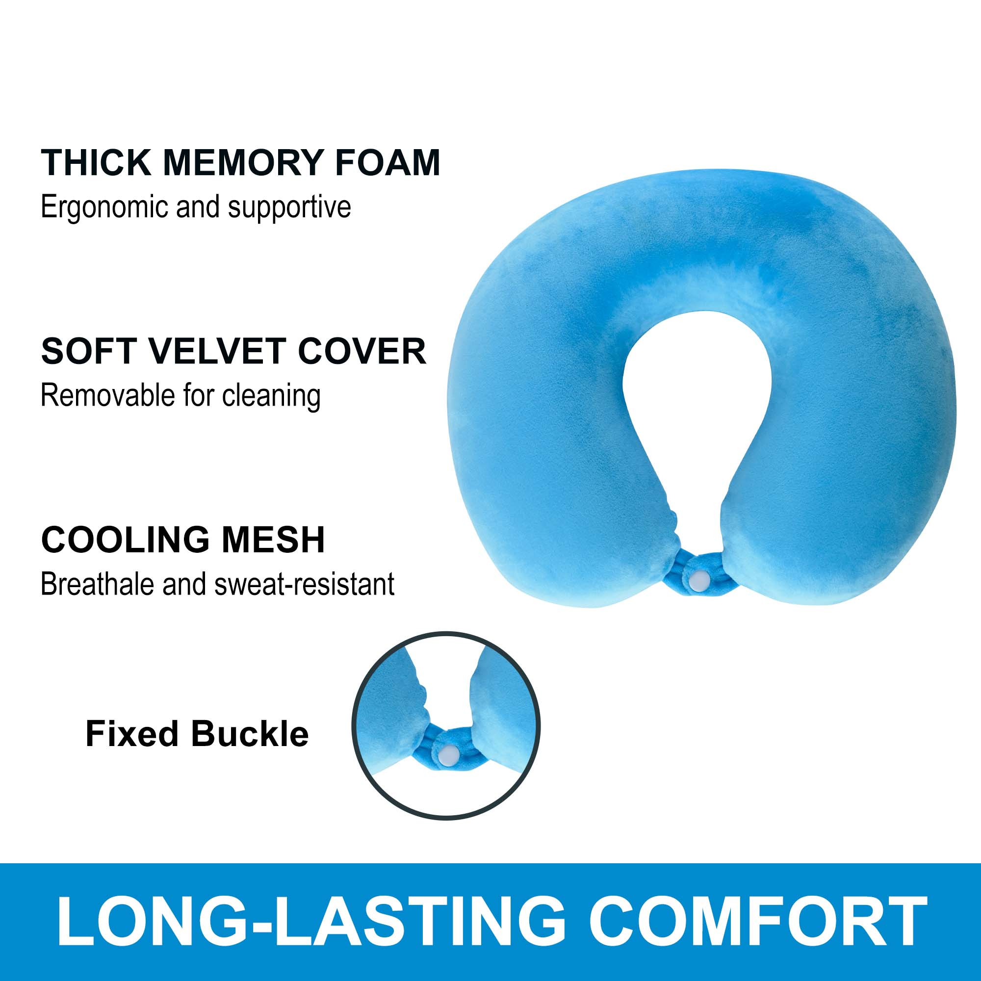 Kuber Industries U-Shaped Memory Foam Neck Pillow for FLight Travel Train  Car with Press Button  Portable Travelling Pillow  Ideal for Long Journeys  Relaxation  JR-1-BLU  Blue
