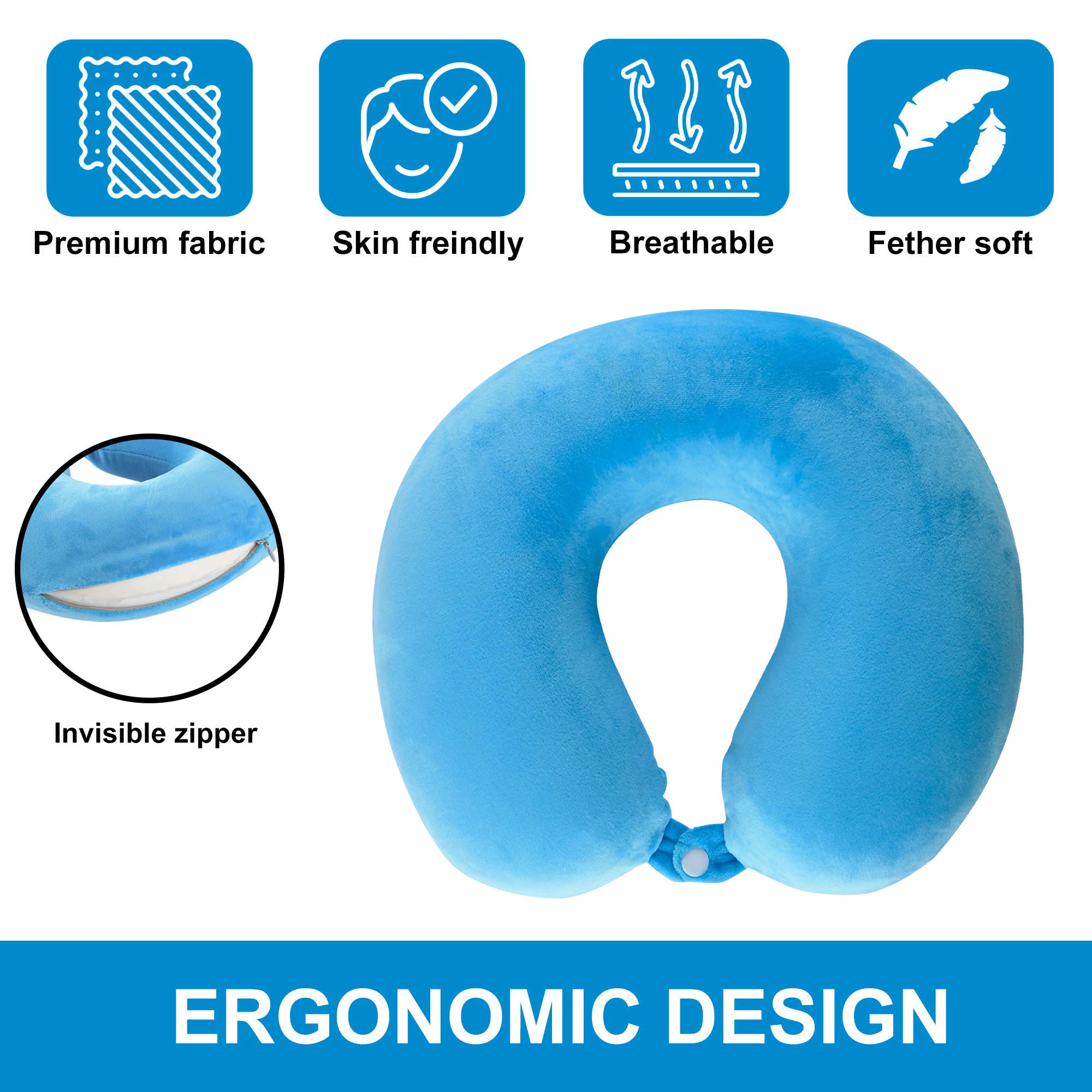 Kuber Industries U-Shaped Memory Foam Neck Pillow for FLight Travel Train  Car with Press Button  Portable Travelling Pillow  Ideal for Long Journeys  Relaxation  JR-1-BLU  Blue