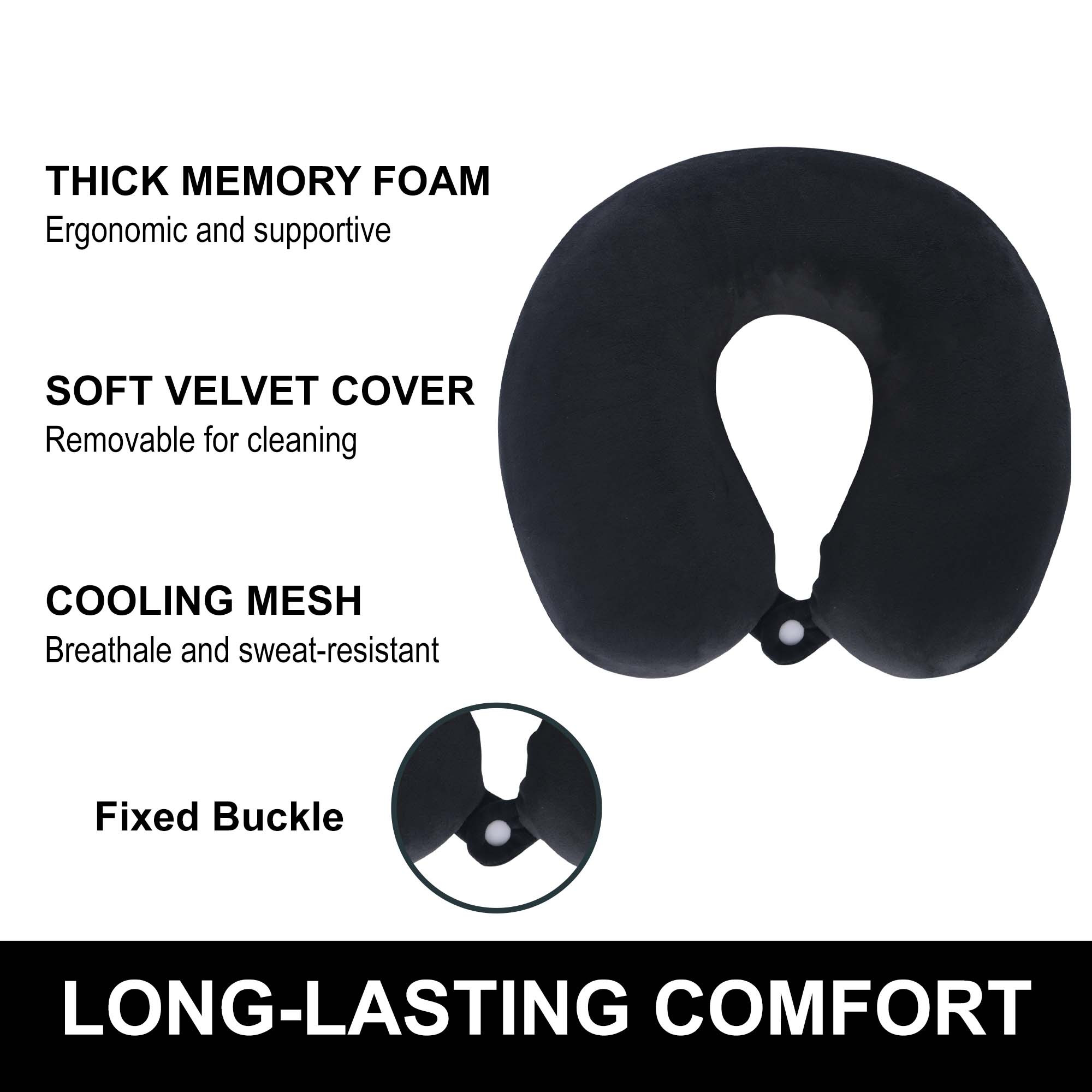 Kuber Industries U-Shaped Memory Foam Neck Pillow for FLight Travel Train with Press Button  Portable Travelling Pillow  Ideal for Long Journeys  Relaxation  JR-1-BLK  Black