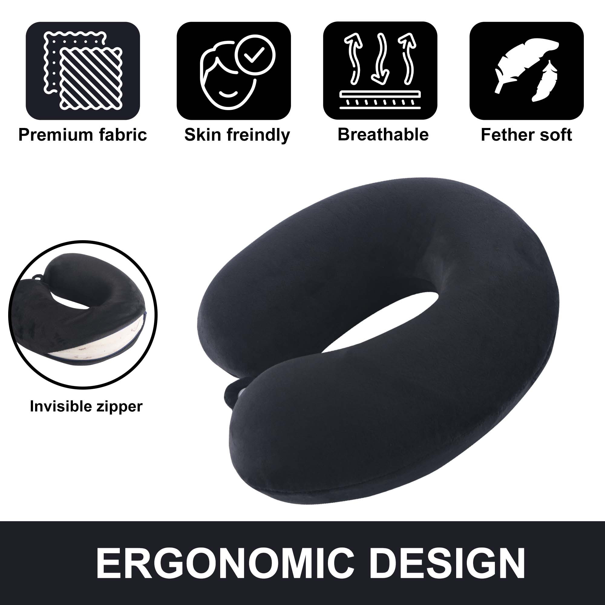 Kuber Industries U-Shaped Memory Foam Neck Pillow for FLight Travel Train with Press Button  Portable Travelling Pillow  Ideal for Long Journeys  Relaxation  JR-1-BLK  Black
