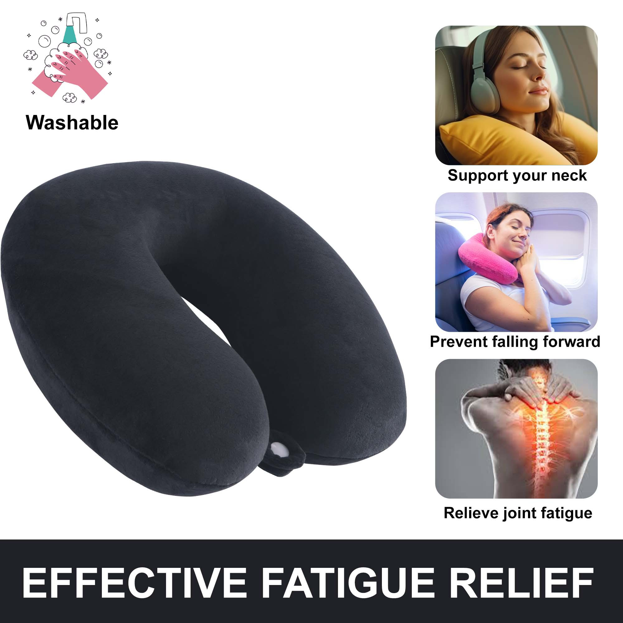 Kuber Industries U-Shaped Memory Foam Neck Pillow for FLight Travel Train with Press Button  Portable Travelling Pillow  Ideal for Long Journeys  Relaxation  JR-1-BLK  Black