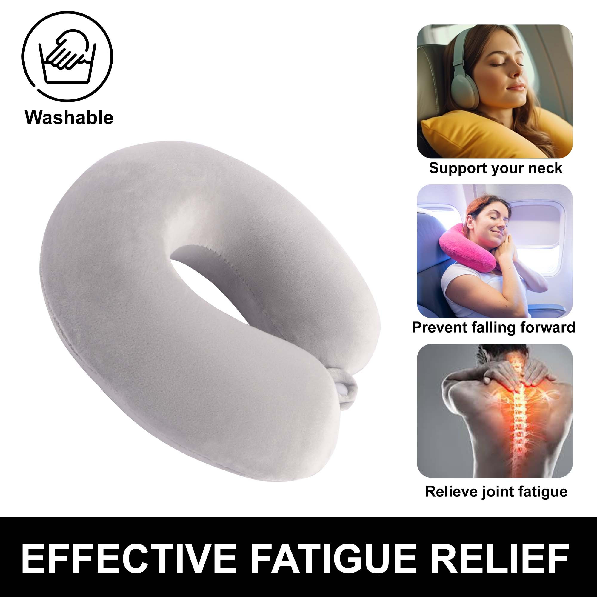 Kuber Industries U-Shaped Memory Foam Neck Pillow for FLight Travel Train with Press Button  Portable Travelling Pillow  Ideal for Long Journeys  Relaxation  JR-1-LGRY  Light Grey