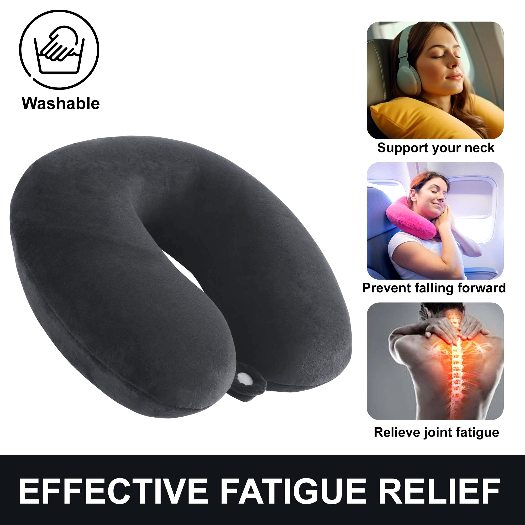 Kuber Industries U-Shaped Memory Foam Neck Pillow for FLight Travel Train with Press Button  Portable Travelling Pillow  Ideal for Long Journeys  Relaxation  JR-1-DGRY   Dark Grey