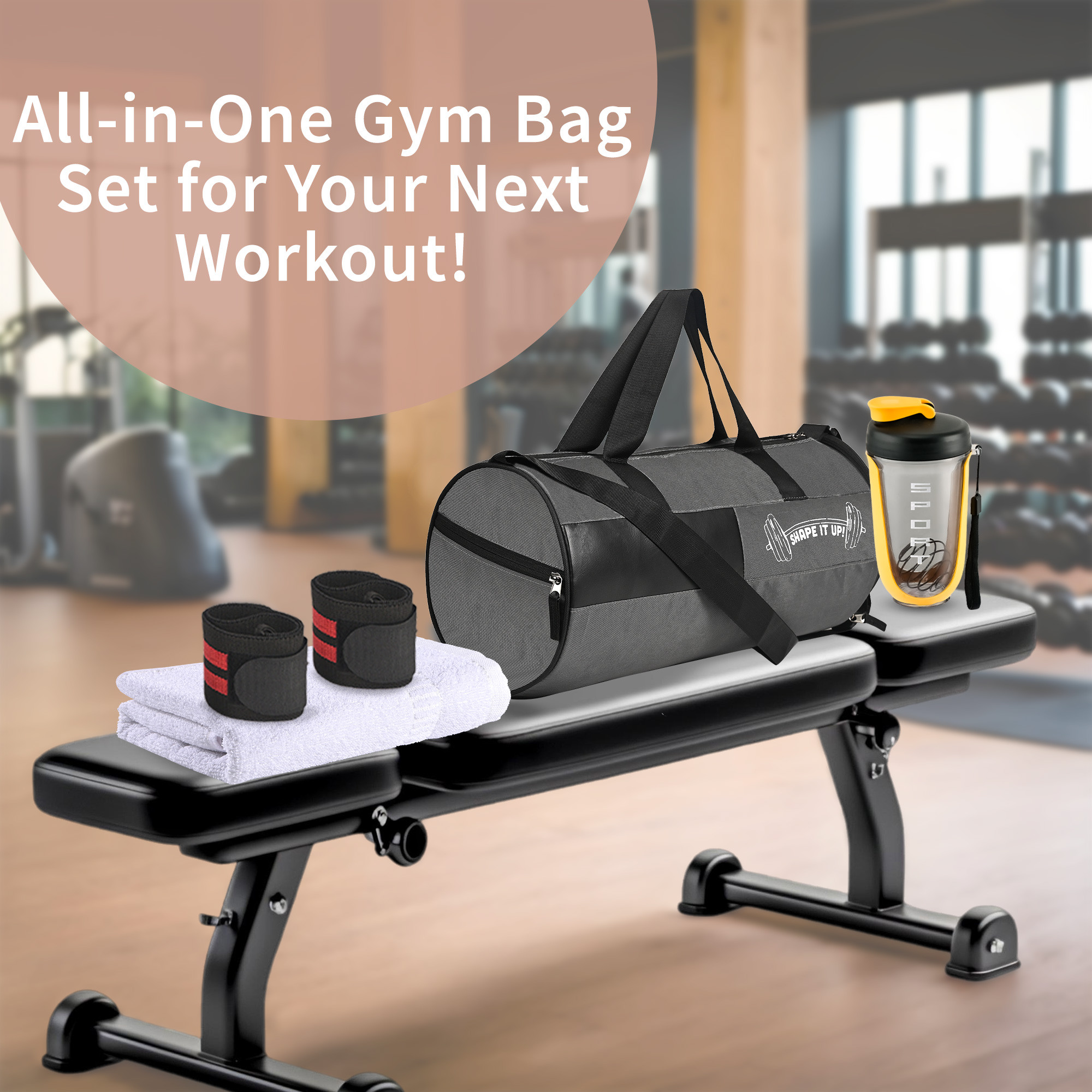Kuber Industries Ultimate Gym Bag Combo Set  Gym Bag Water BottleShaker FaceHand Towel 2 Wrist Bands  Stay Hydrated Refreshed Supported and Organized for Your Fitness Journey  Grey