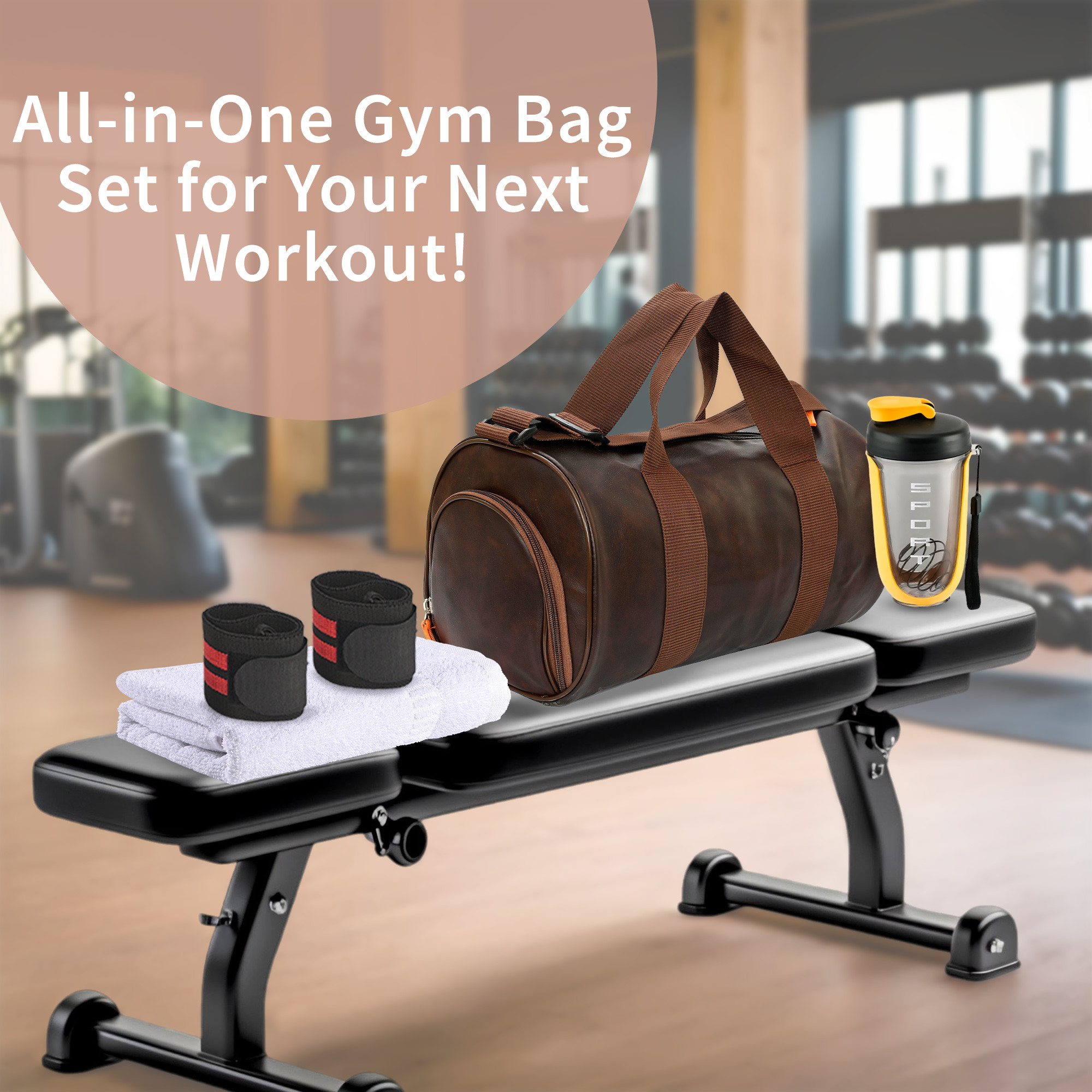 Kuber Industries Ultimate Gym Bag Combo Set  Gym Bag Water BottleShaker FaceHand Towel 2 Wrist Bands  Stay Hydrated Refreshed Supported and Organized for Your Fitness Journey  Brown