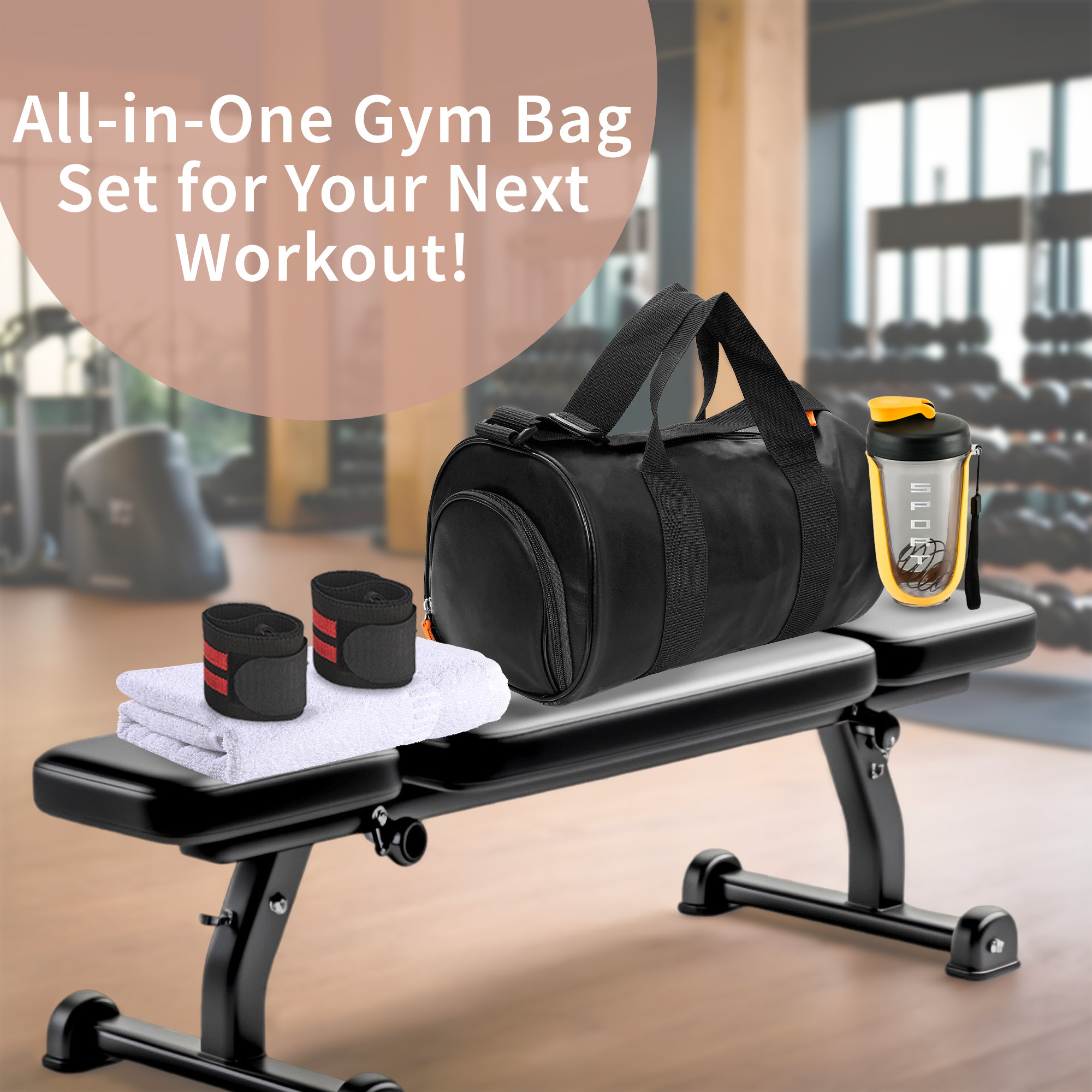Kuber Industries Ultimate Gym Bag Combo Set  Gym Bag Water BottleShaker FaceHand Towel 2 Wrist Bands  Stay Hydrated Refreshed Supported and Organized for Your Fitness Journey  Black
