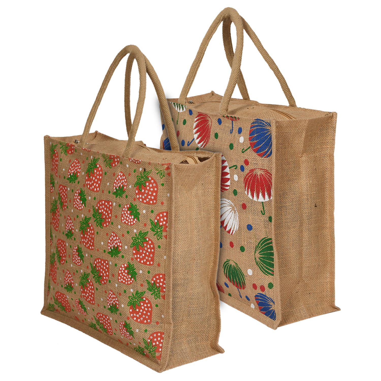 Kuber Industries Umbrella Print and Strawberry Print Jute Reusable Eco-Friendly Hand Bag/Grocery Bag For Man, Woman With Handle Pack of 2 (Brown) 54KM4372