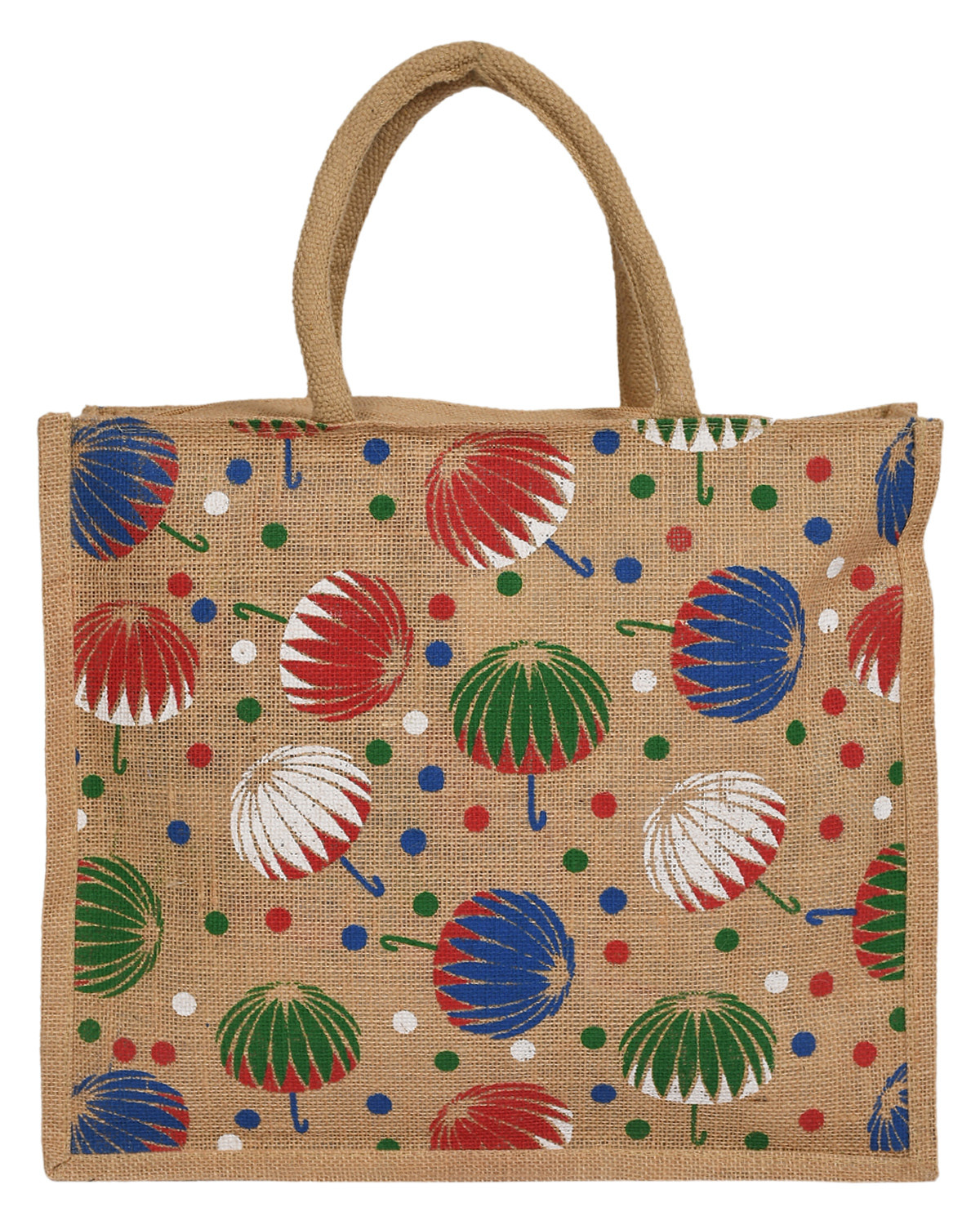 Kuber Industries Umbrella Print Jute Reusable Eco-Friendly Hand Bag/Grocery Bag For Man, Woman With Handle (Brown) 54KM4366