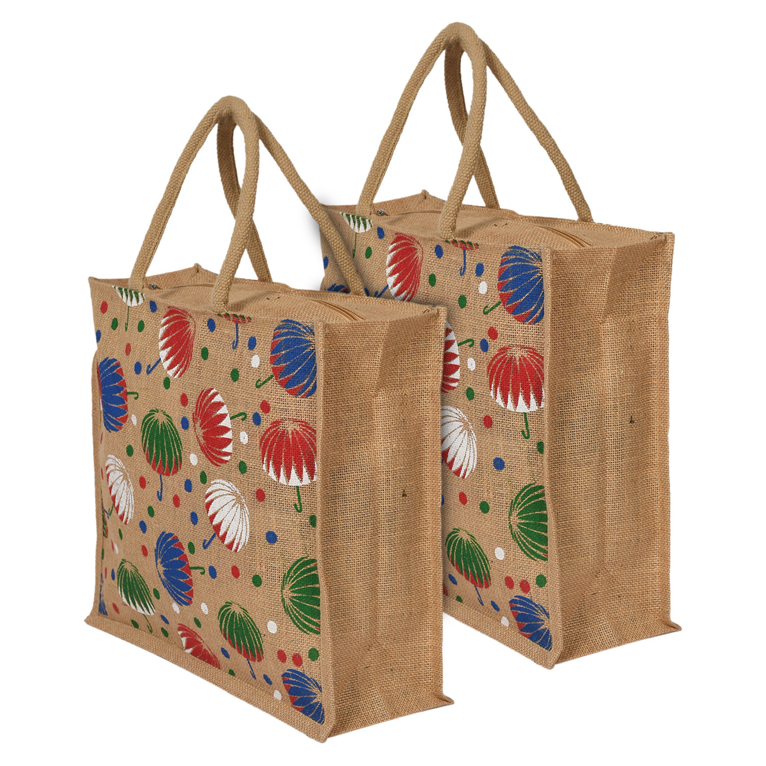 Kuber Industries Umbrella Print Jute Reusable Eco-Friendly Hand Bag/Grocery Bag For Man, Woman With Handle (Brown) 54KM4366