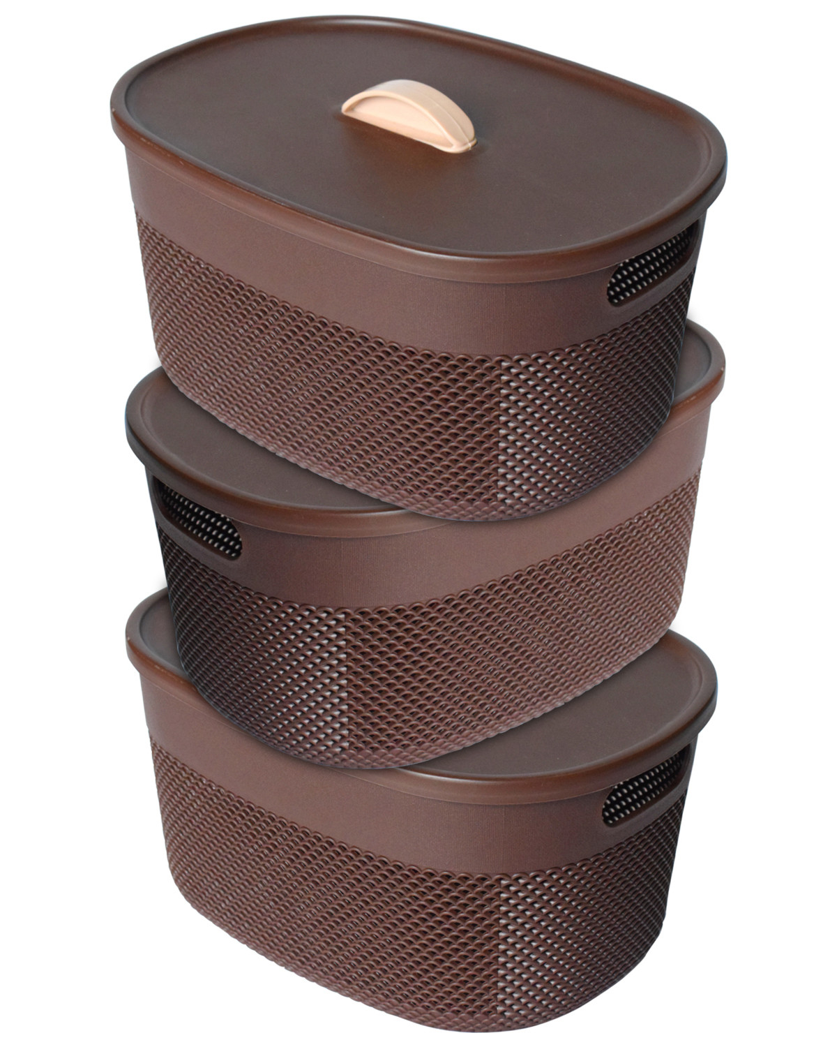 Kuber Industries Unbreakable  Medium Multipurpose Storage Baskets with lid|Design-Netted|Material-Plastic|Shape-Oval|Color-Brown