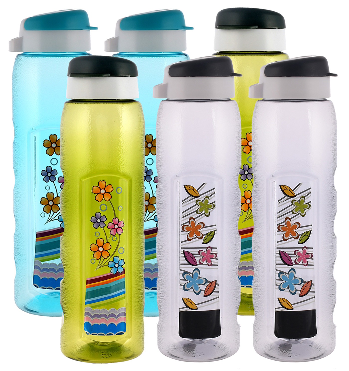 Kuber Industries Unbreakable BPA & Leak Free Plastic Water Bottle With Sipper- 1 Litre, Pack of 6 (Sky Blue & Green & Black)