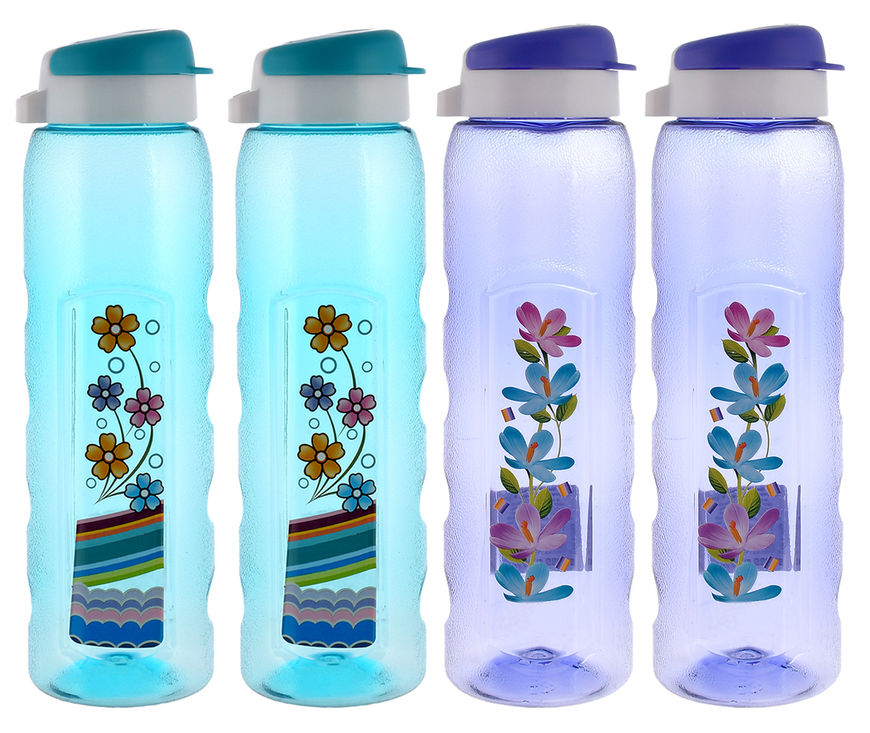 Kuber Industries Unbreakable BPA & Leak Free Plastic Water Bottle With Sipper-1 Litre, Pack of 4 (Pruple & Sky Blue)