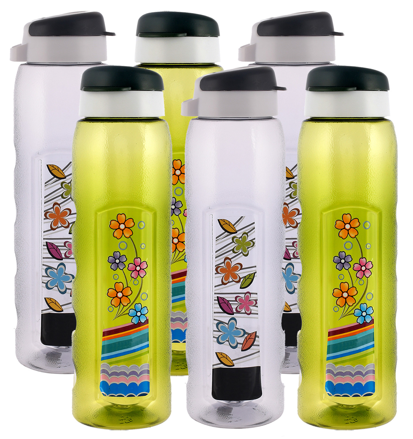 Kuber Industries Unbreakable BPA & Leak Free Plastic Water Bottle With Sipper-1 Litre, Pack of 6 (Green & Grey)