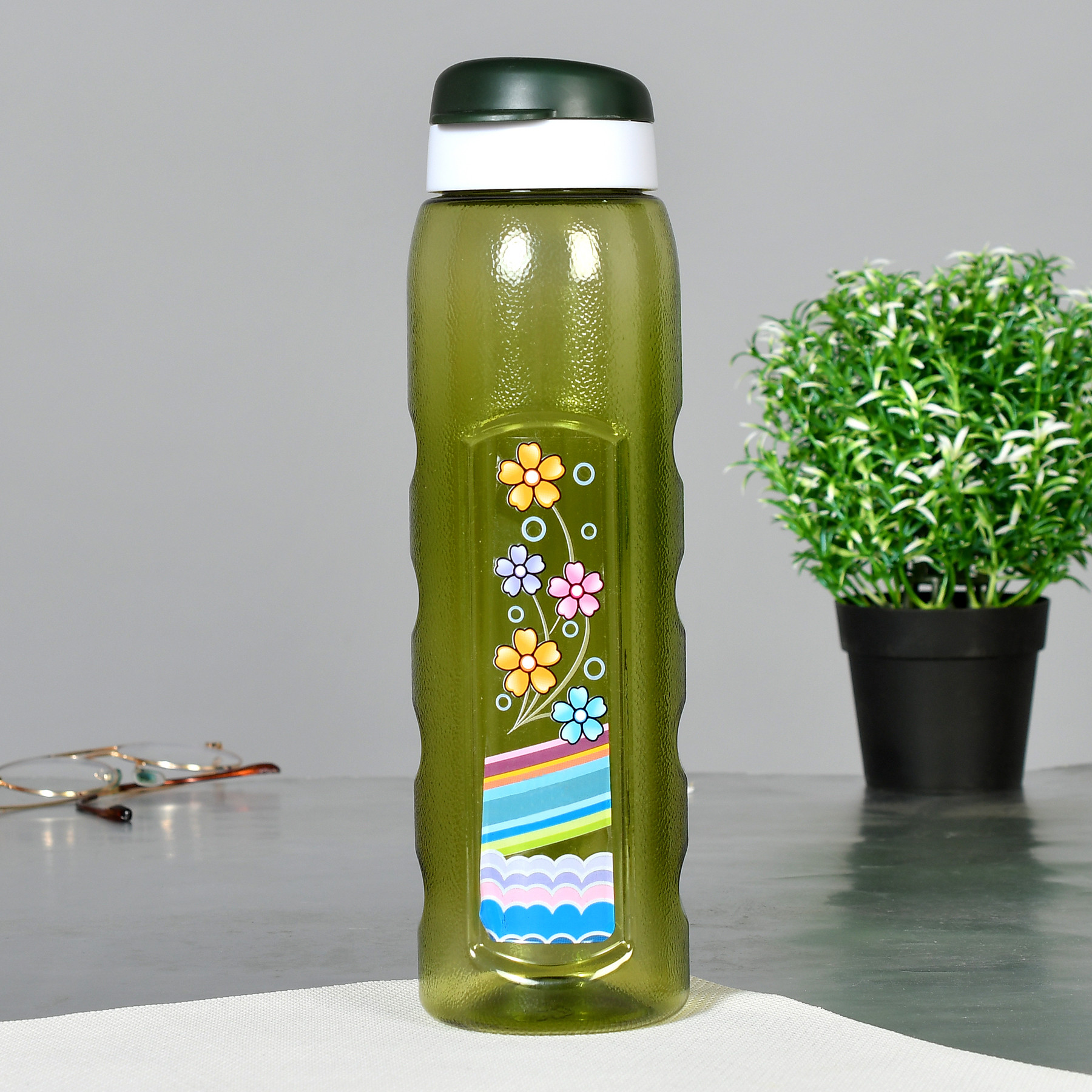 Kuber Industries Unbreakable BPA & Leak Free Plastic Water Bottle With Sipper-1 Litre, Pack of 6 (Green & Grey)