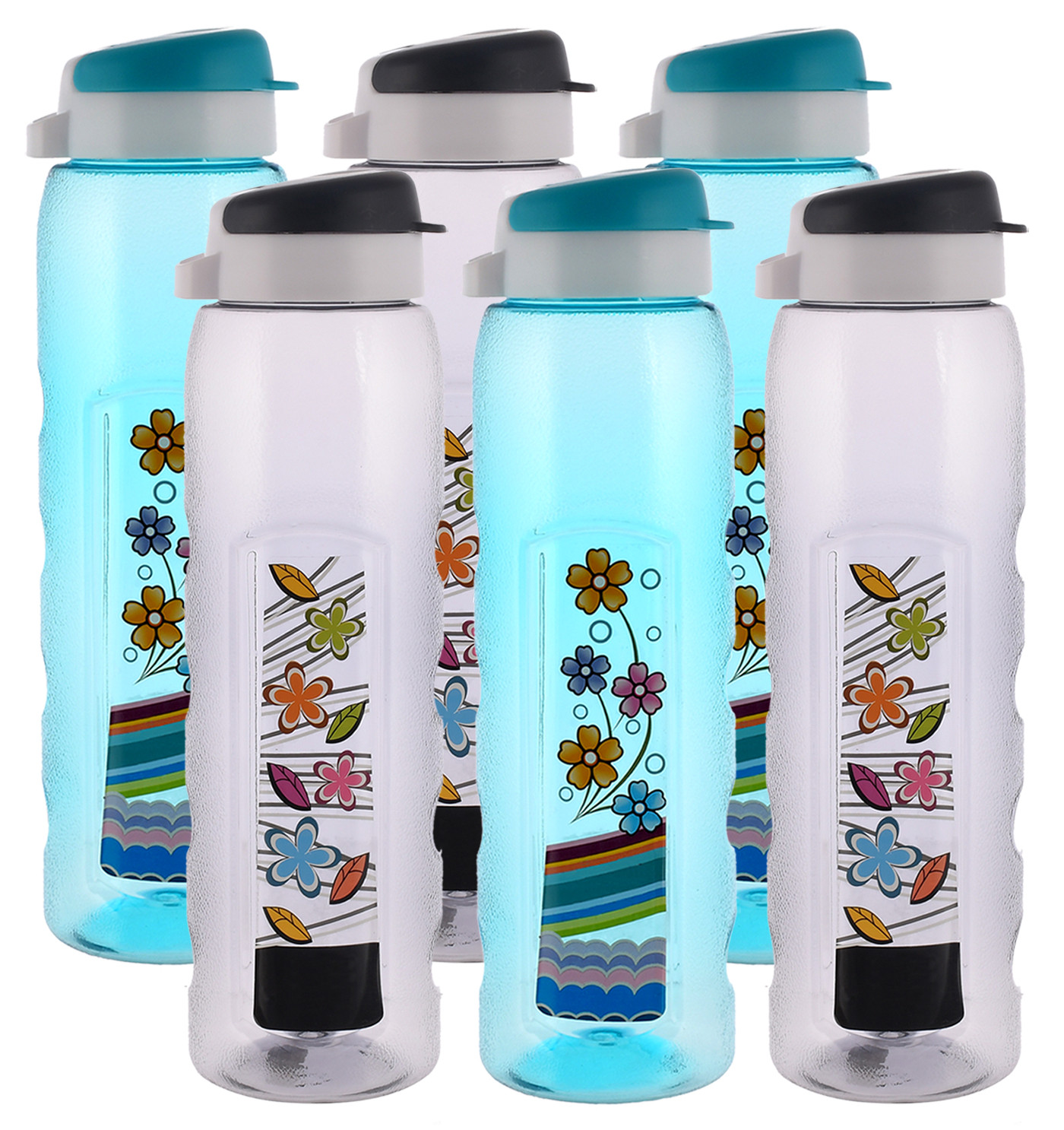 Kuber Industries Unbreakable BPA & Leak Free Plastic Water Bottle With Sipper-1 Litre, Pack of 6 (Sky Blue & Grey)