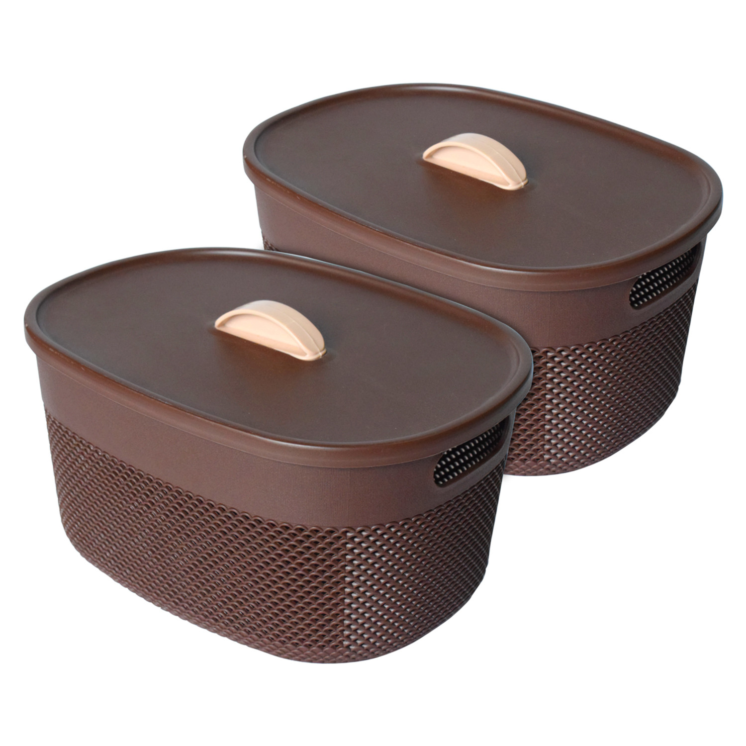 Kuber Industries Unbreakable Large Multipurpose Storage Baskets with lid|Design-Netted|Material-Plastic|Shape-Oval|Color-Brown