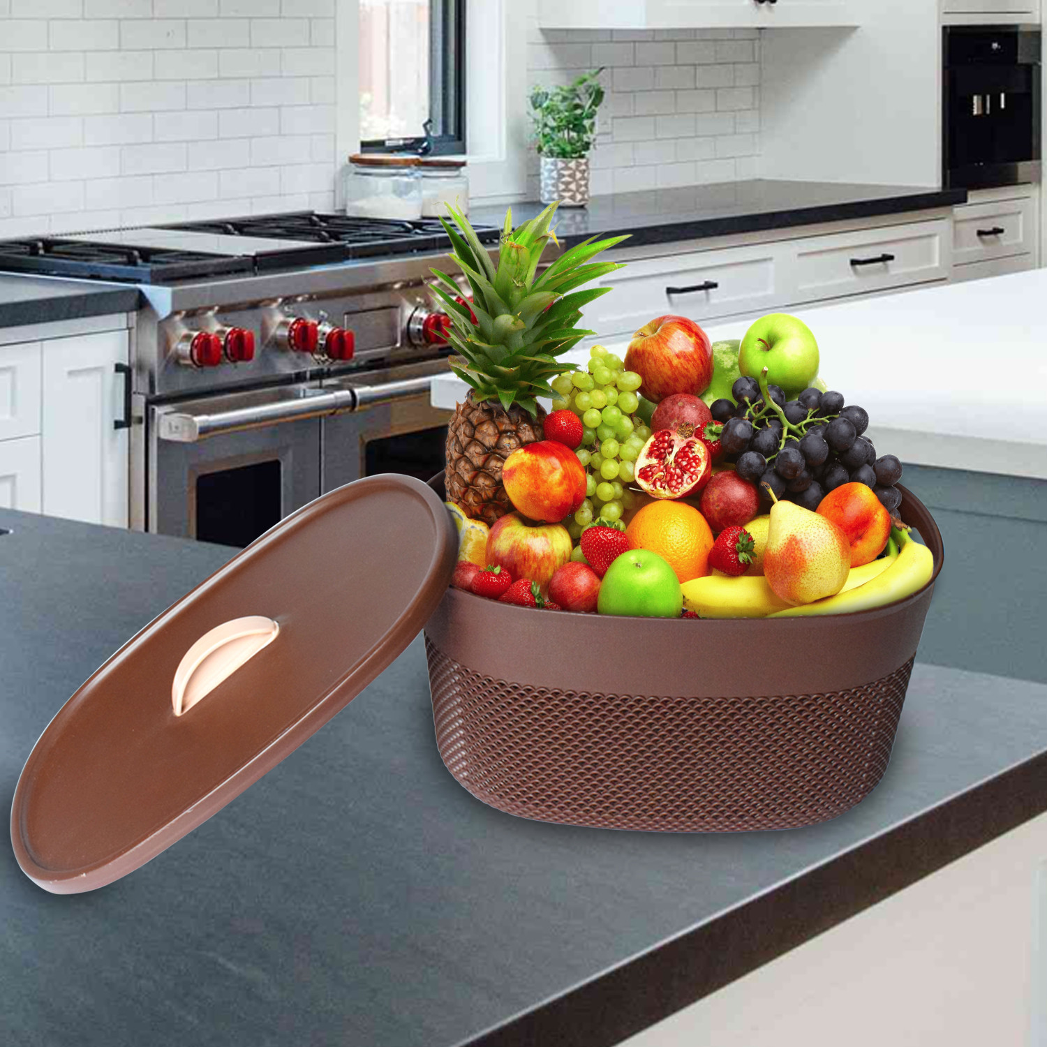 Kuber Industries Unbreakable Large Multipurpose Storage Baskets with lid|Design-Netted|Material-Plastic|Shape-Oval|Color-Brown