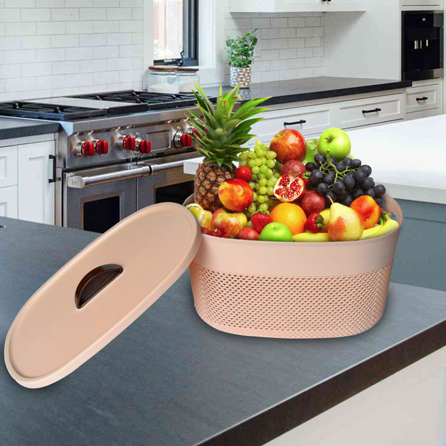 Kuber Industries Unbreakable Large Multipurpose Storage Baskets with lid|Design-Netted|Material-Plastic|Shape-Oval|Color-Beige