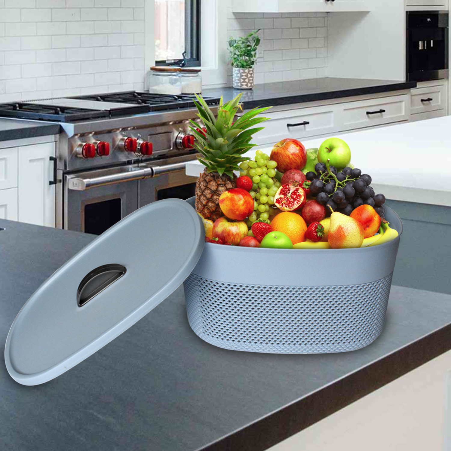 Kuber Industries Unbreakable Large Multipurpose Storage Baskets with lid|Design-Netted|Material-Plastic|Shape-Oval|Color-Sky Blue