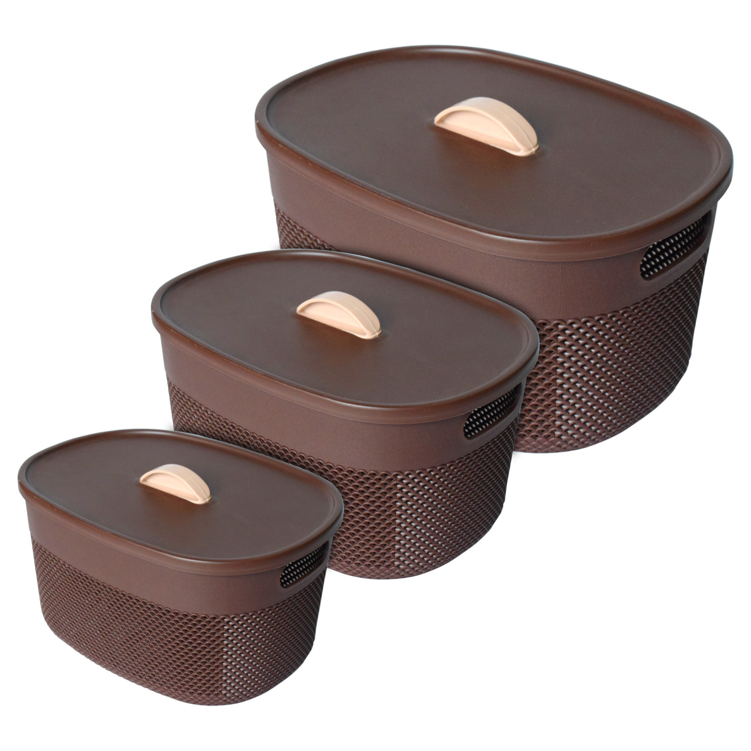 Kuber Industries Unbreakable Multipurpose Storage Baskets with lid|Design-Netted|Material-Plastic|Shape-Oval|Color-Brown|Small,Medium and Large|Pack of 3