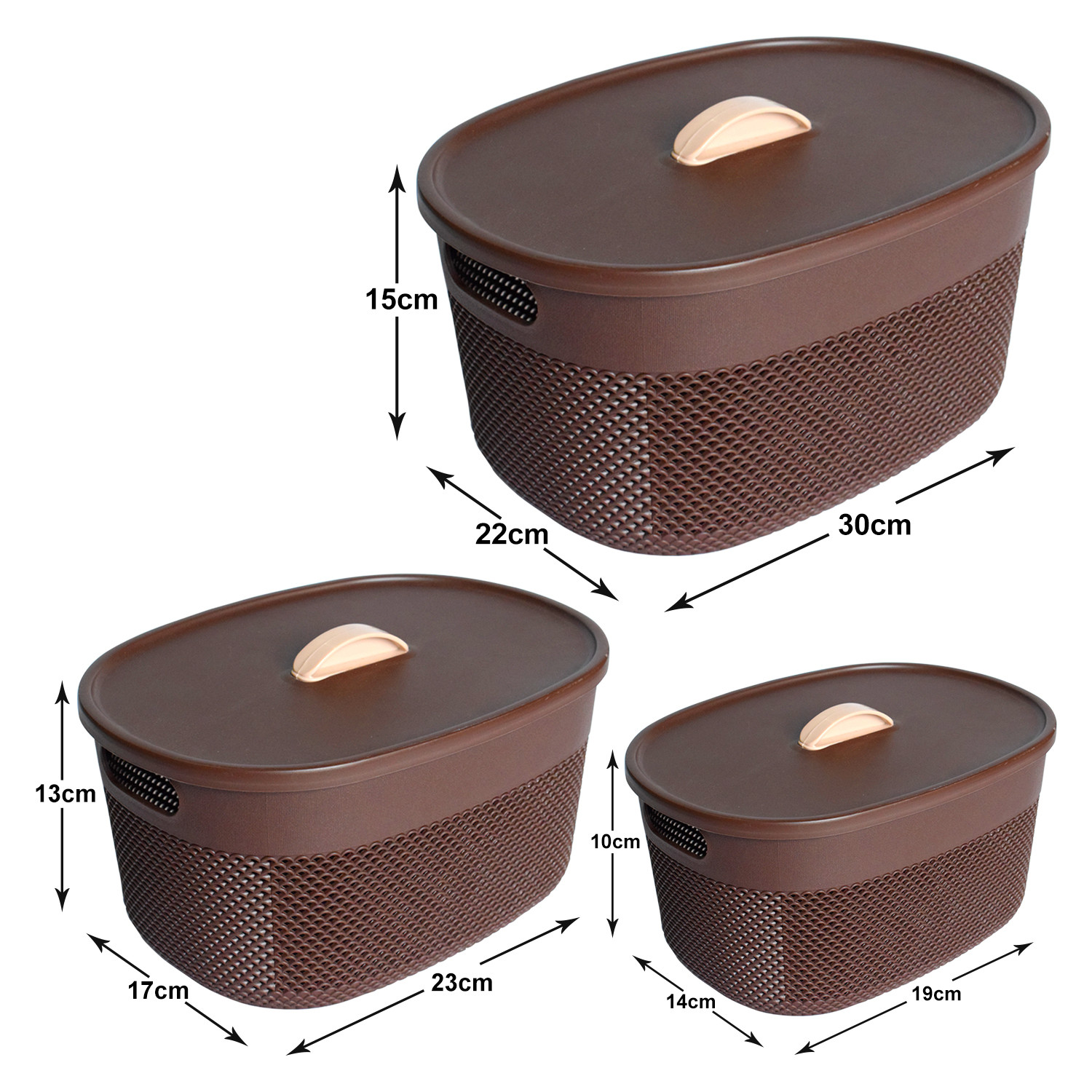 Kuber Industries Unbreakable Multipurpose Storage Baskets with lid|Design-Netted|Material-Plastic|Shape-Oval|Color-Brown|Small,Medium and Large|Pack of 3