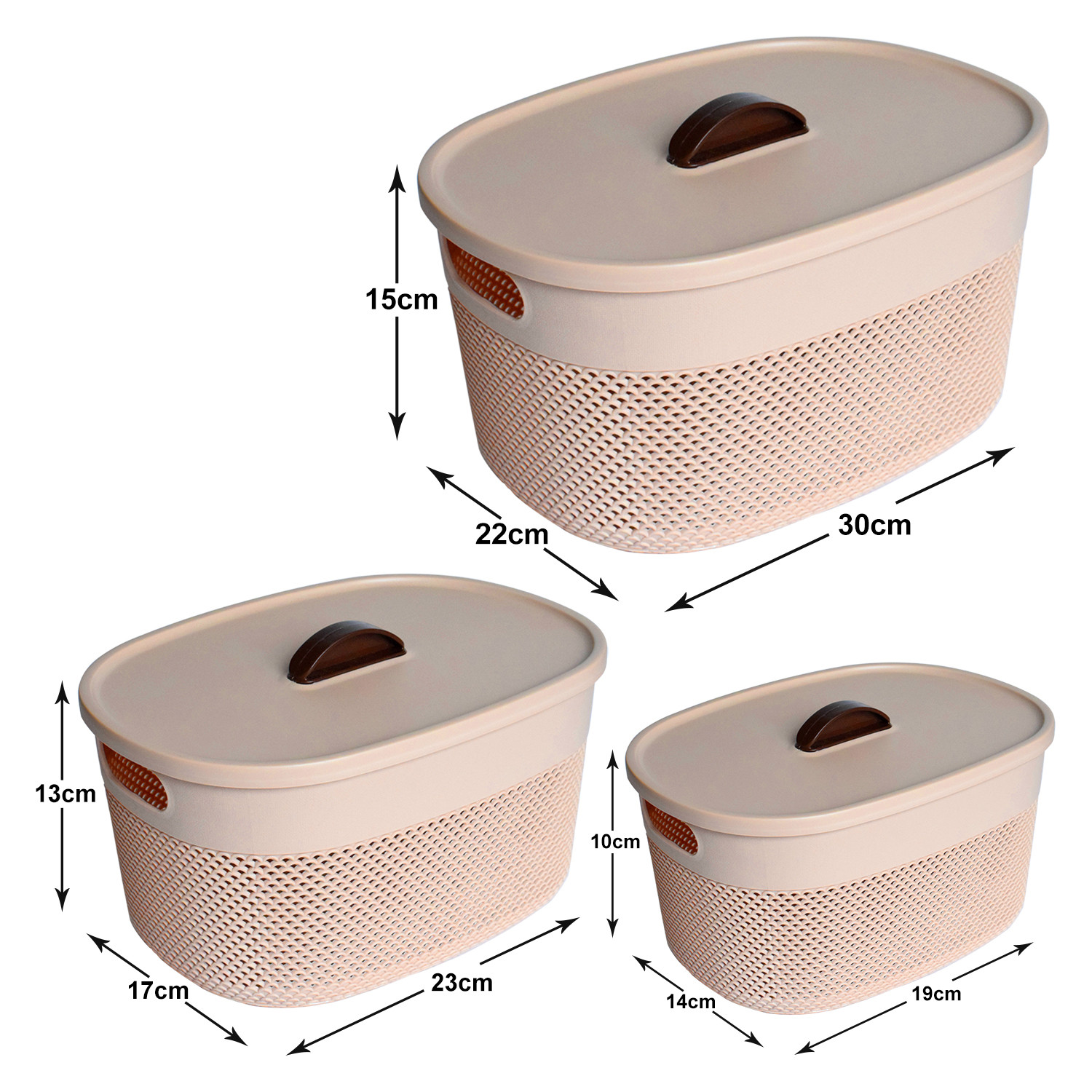 Kuber Industries Unbreakable Multipurpose Storage Baskets with lid|Design-Netted|Material-Plastic|Shape-Oval|Color-Beige|Small,Medium and Large|Pack of 3