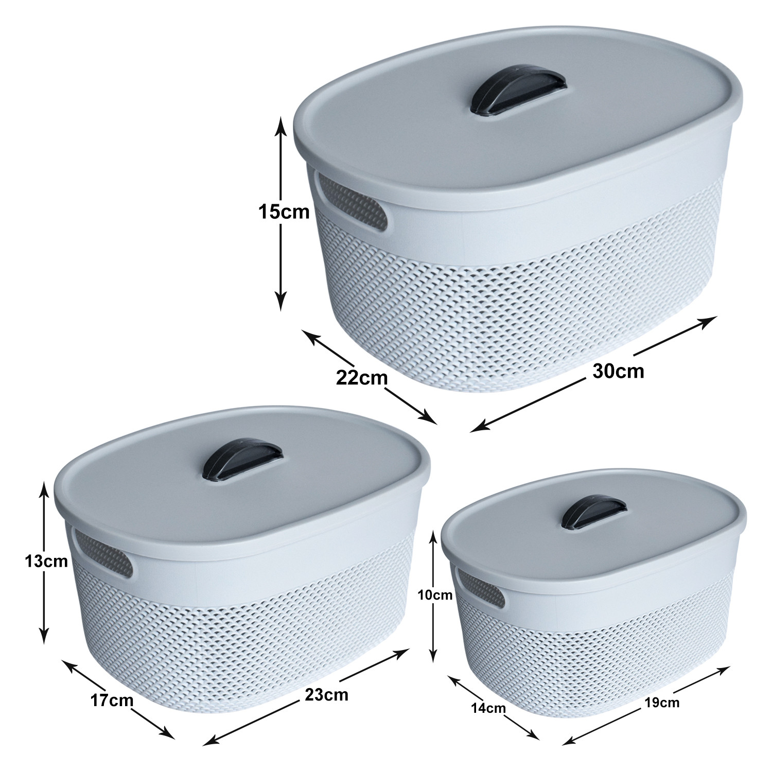 Kuber Industries Unbreakable Multipurpose Storage Baskets with lid|Design-Netted|Material-Plastic|Shape-Oval|Color-Grey|Small,Medium and Large|Pack of 3