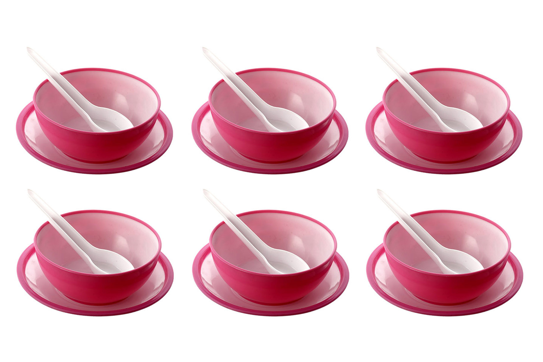 Kuber Industries Unbreakable Plastic Microwave Safe Round Shape Soup Bowls &  Plates with Soup Spoons Set ,350 Ml (Pink)-KUBMART1586