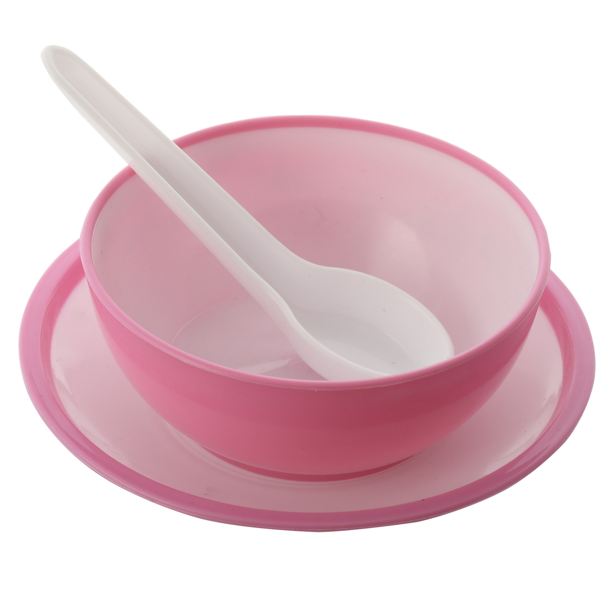 Kuber Industries Unbreakable Plastic Microwave Safe Round Shape Soup Bowls &  Plates with Soup Spoons Set ,350 Ml (Pink)-KUBMART1586