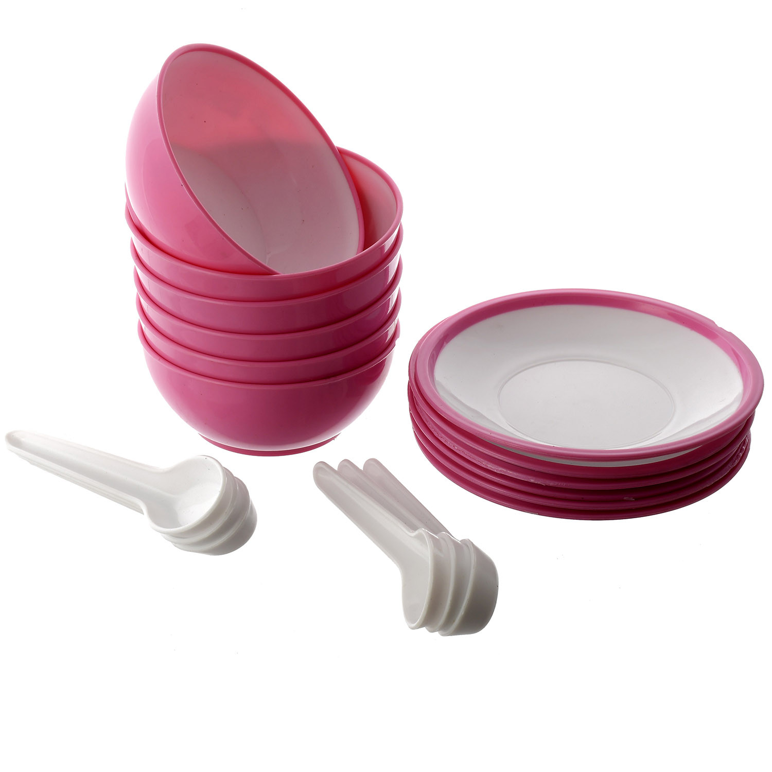 Kuber Industries Unbreakable Plastic Microwave Safe Round Shape Soup Bowls &  Plates with Soup Spoons Set ,350 Ml (Pink)-KUBMART1586