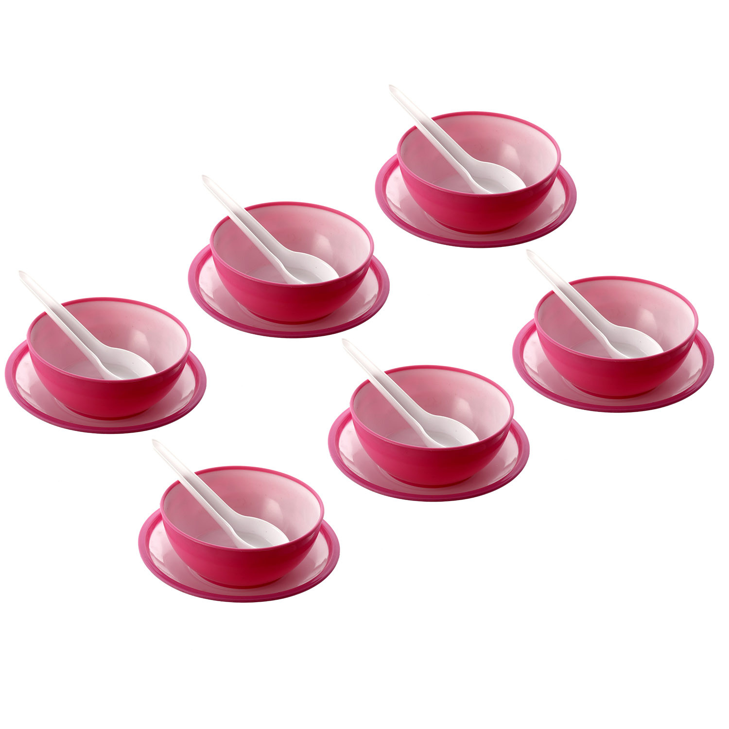 Kuber Industries Unbreakable Plastic Microwave Safe Round Shape Soup Bowls &  Plates with Soup Spoons Set ,350 Ml (Pink)-KUBMART1586