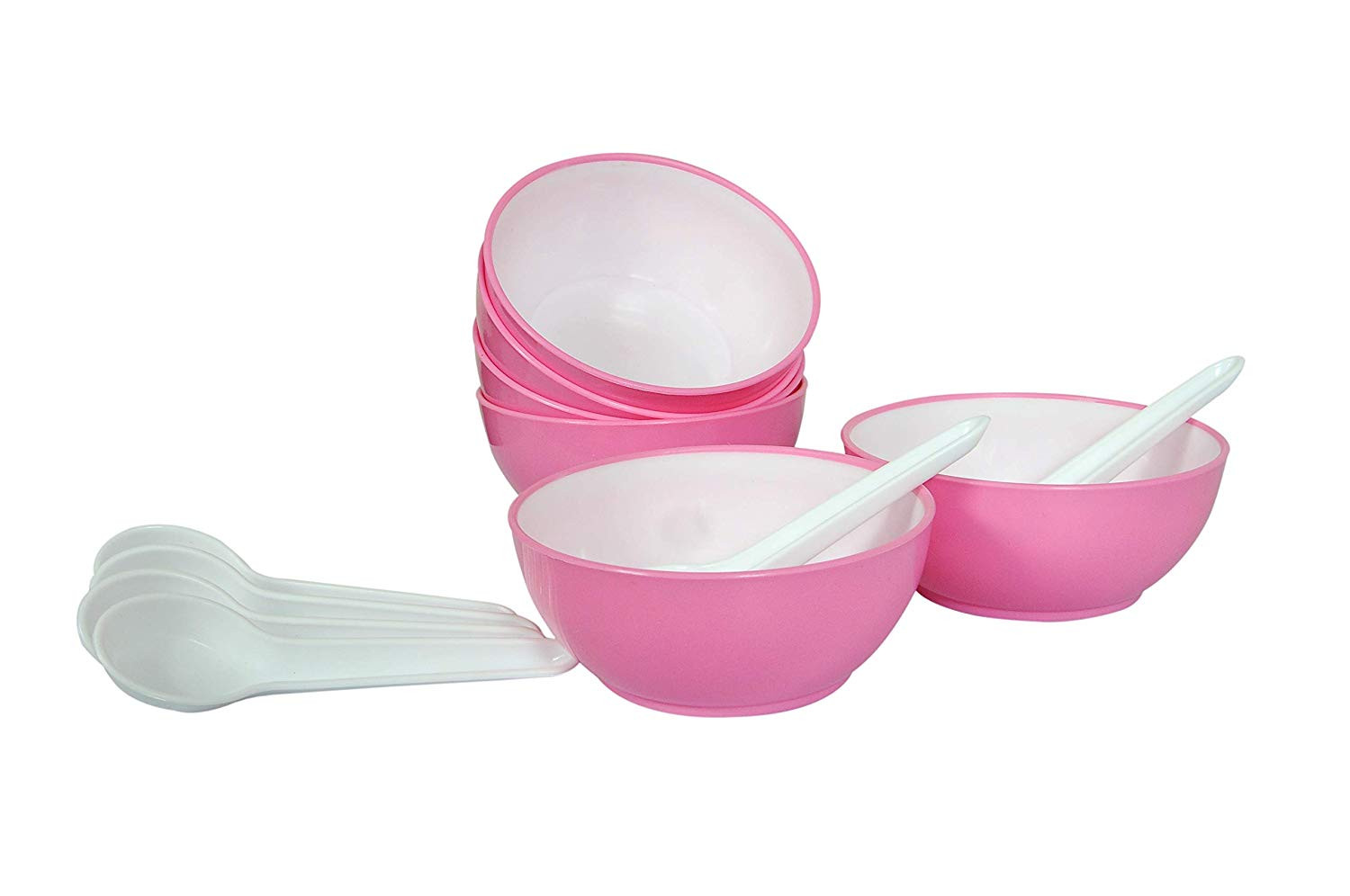 Kuber Industries Unbreakable Plastic Microwave Safe Round Shape Soup Bowls &  Plates with Soup Spoons Set ,350 Ml (Pink)-KUBMART1586