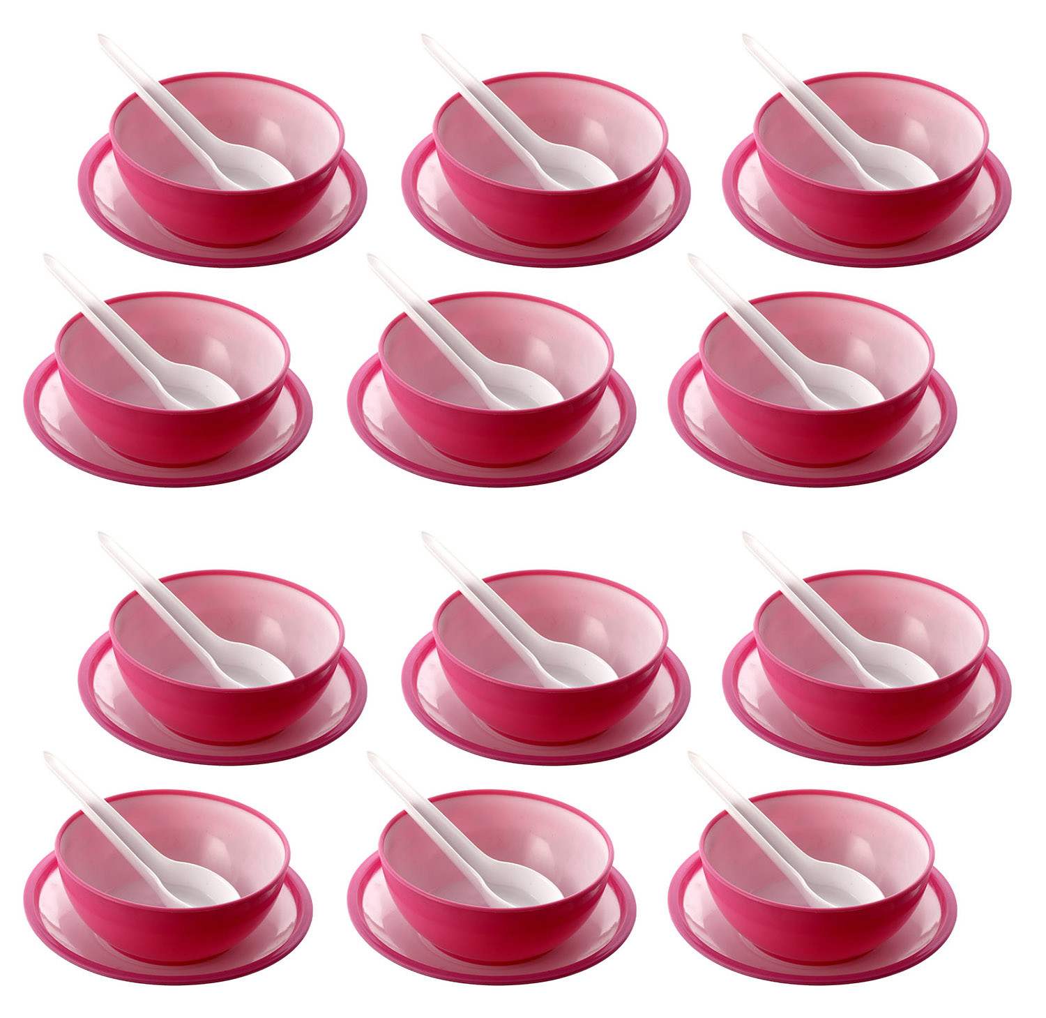 Kuber Industries Unbreakable Plastic Microwave Safe Round Shape Soup Bowls &  Plates with Soup Spoons Set ,350 Ml (Pink)-KUBMART1586