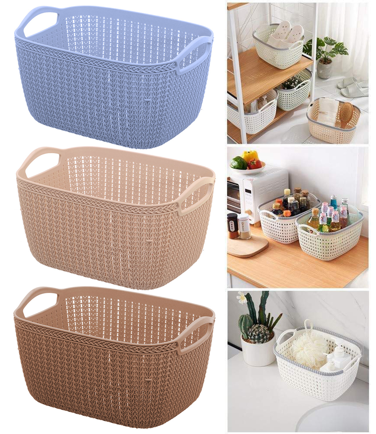 Kuber Industries Unbreakable Plastic Multipurpose Large And Medium Size Flexible Storage Baskets / Fruit Vegetable Bathroom Stationary Home Basket with Handles (Brown) -CTKTC39344
