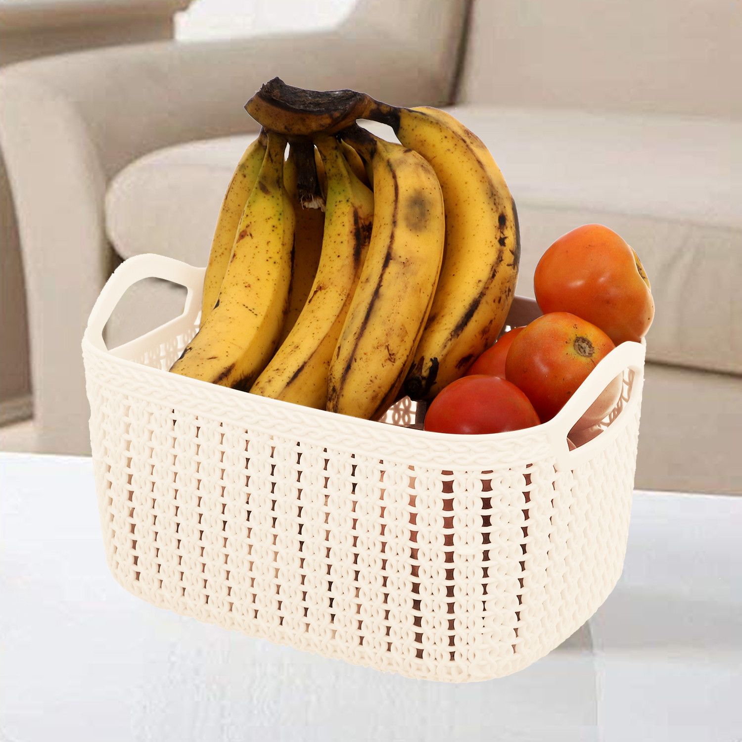 Kuber Industries Unbreakable Plastic Multipurpose Large And Medium Size Flexible Storage Baskets / Fruit Vegetable Bathroom Stationary Home Basket with Handles (Cream) -CTKTC39346