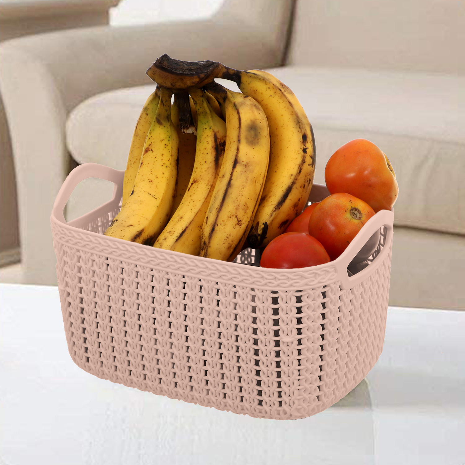 Kuber Industries Unbreakable Plastic Multipurpose Large Size Flexible Storage Baskets / Fruit Vegetable Bathroom Stationary Home Basket with Handles (Peach & Cream) -CTKTC37843