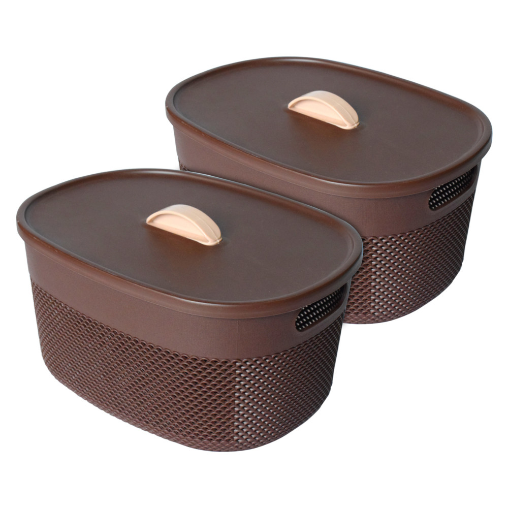 Kuber Industries Unbreakable Small Multipurpose Storage Baskets with lid|Design-Netted|Material-Plastic|Shape-Oval|Color-Brown