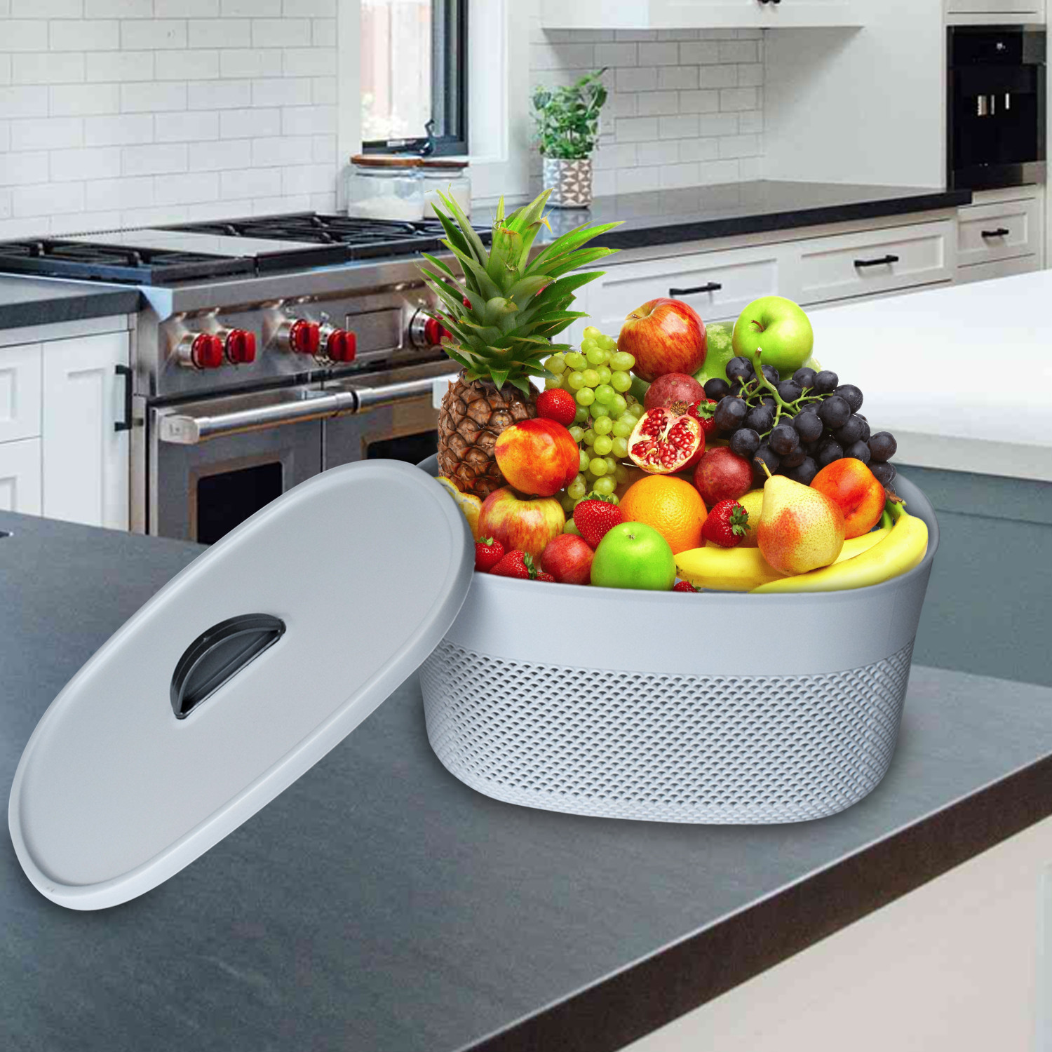 Kuber Industries Unbreakable Small Multipurpose Storage Baskets with lid|Design-Netted|Material-Plastic|Shape-Oval|Color-Grey