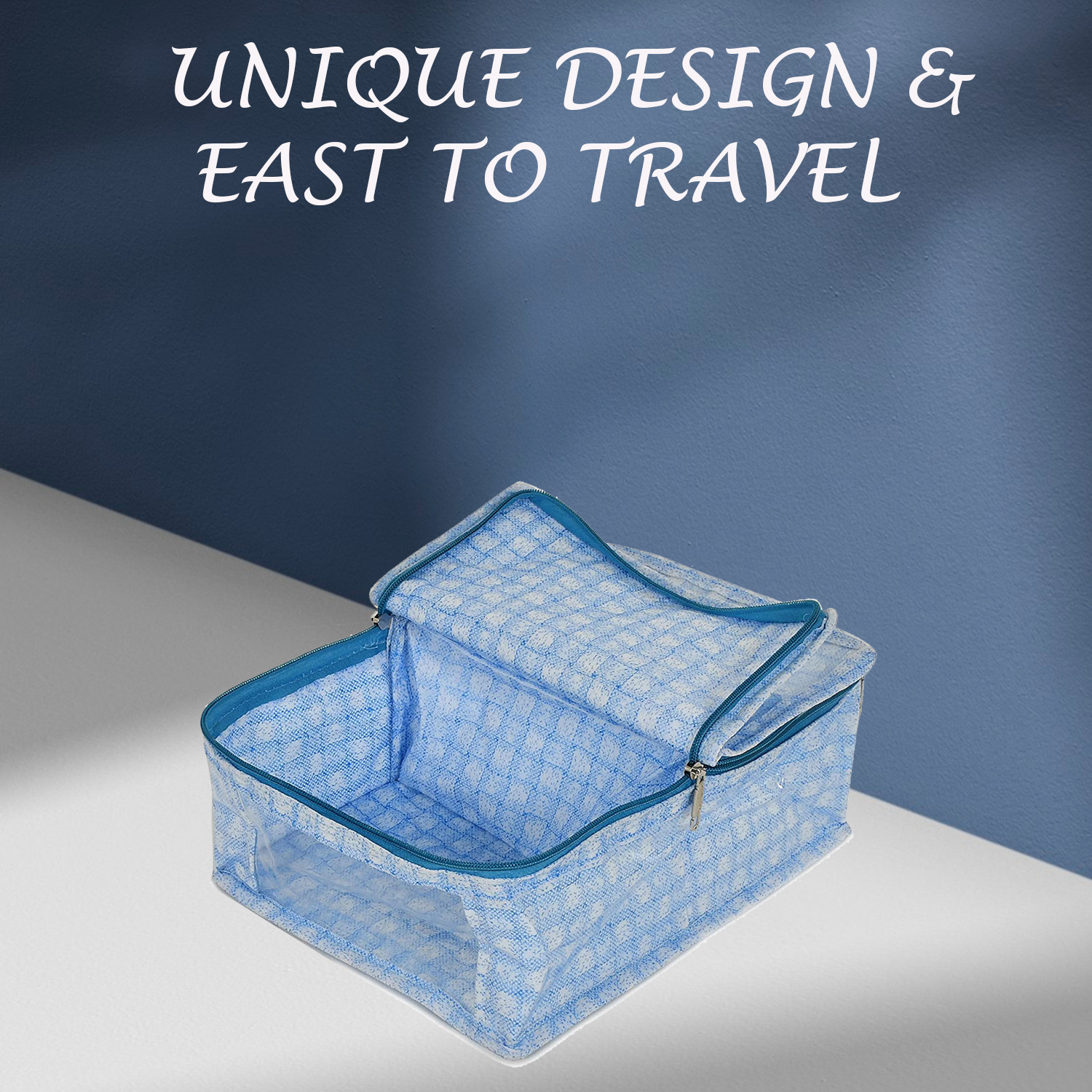 Kuber Industries Under Garment Kit  PVC Coated Check Design Innerwear Bag  Two Partition UG Kit for Man  Woman  Travel Toiletry Kit With Transparent View  Blue