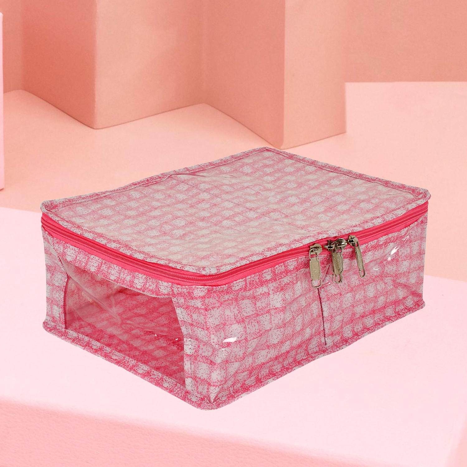 Kuber Industries Under Garment Kit  PVC Coated Check Design Innerwear Bag  Two Partition UG Kit for Man  Woman  Travel Toiletry Kit with Transparent View  Pink