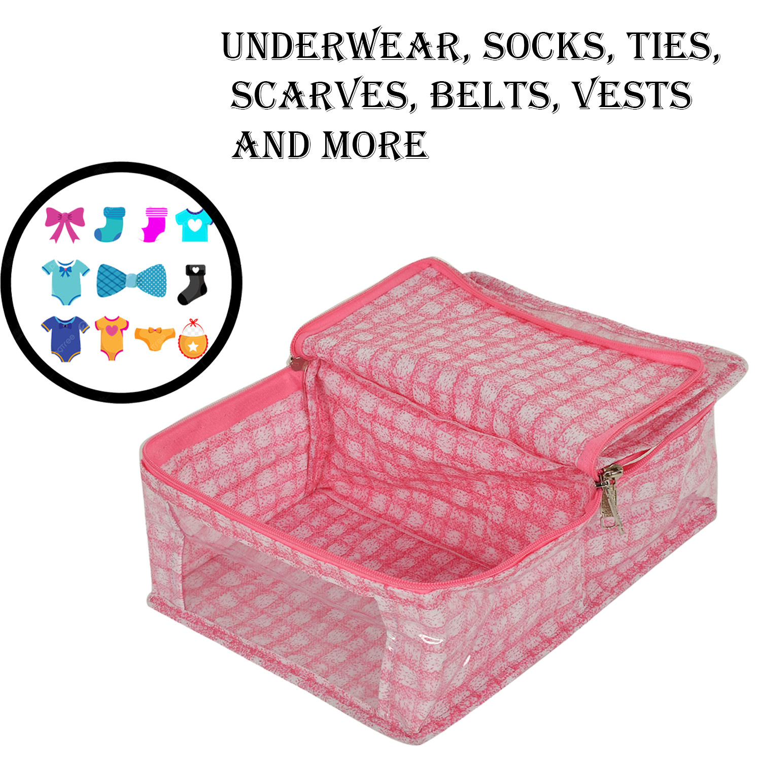 Kuber Industries Under Garment Kit  PVC Coated Check Design Innerwear Bag  Two Partition UG Kit for Man  Woman  Travel Toiletry Kit with Transparent View  Pink