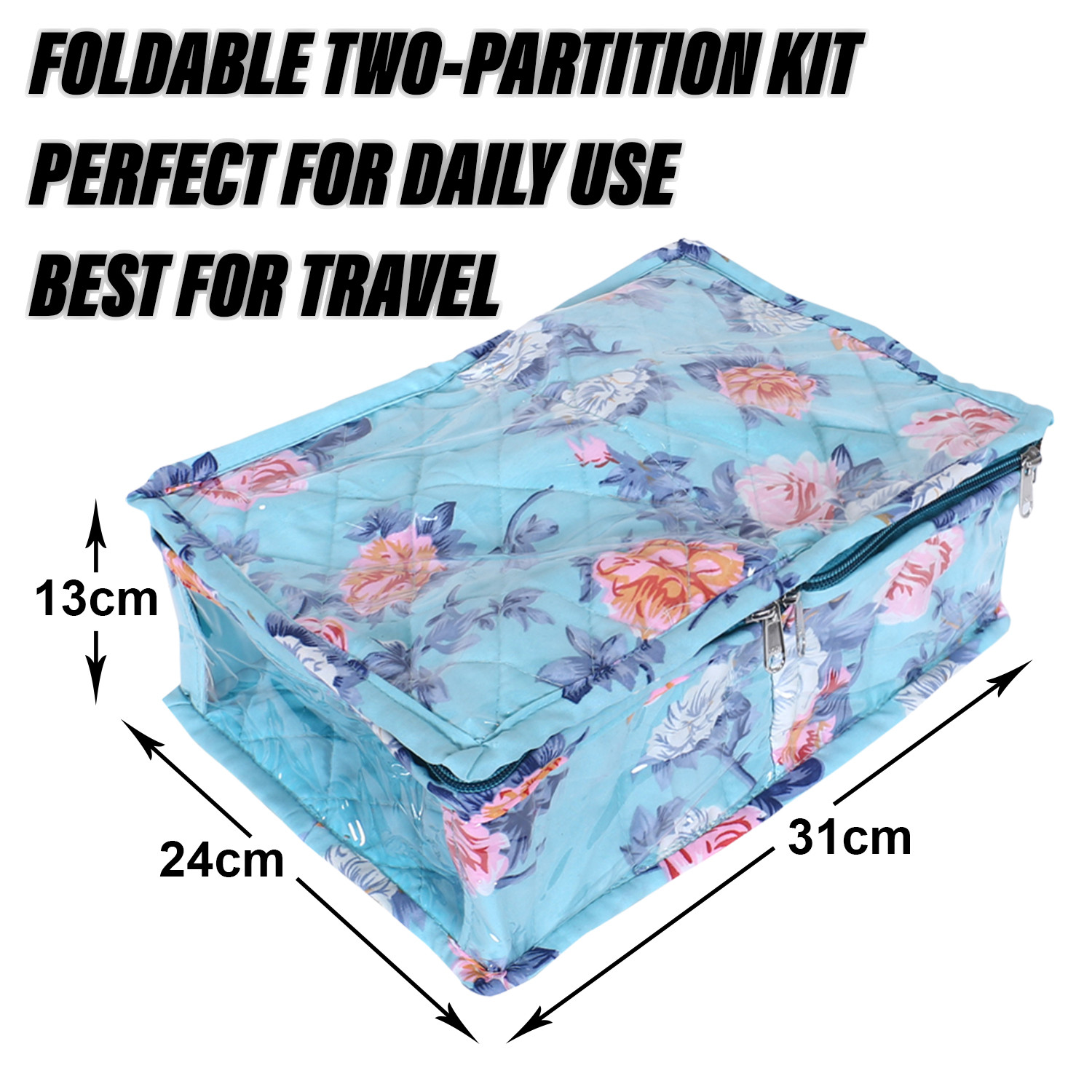Kuber Industries Under Garment Kit | PVC Coated Green Flower Print | Travel Foldable Two Partition | Toiletry Kit with Transparent window | Green