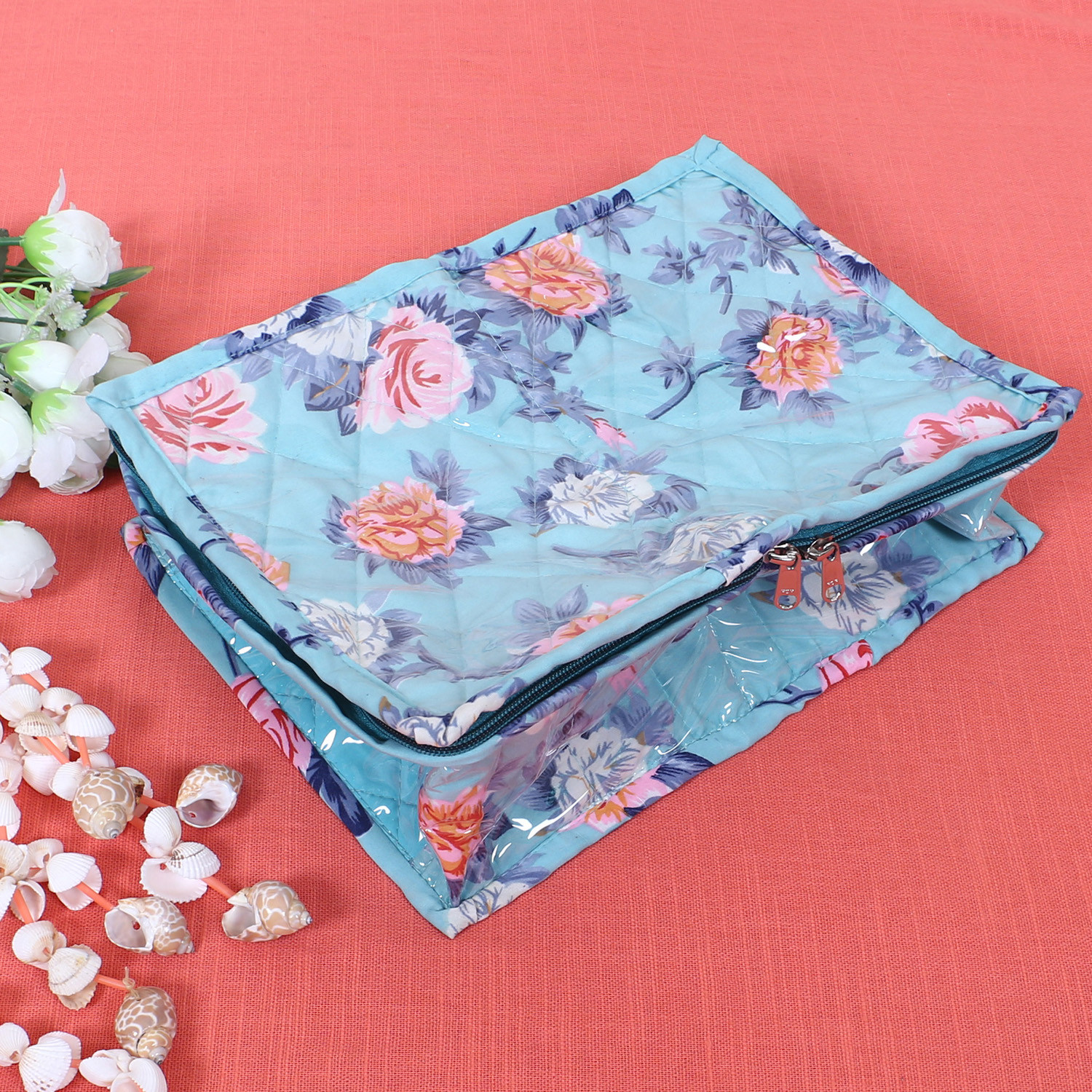 Kuber Industries Under Garment Kit | PVC Coated Green Flower Print | Travel Foldable Two Partition | Toiletry Kit with Transparent window | Green