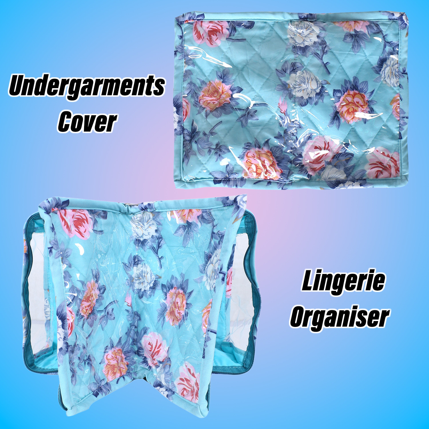 Kuber Industries Under Garment Kit | PVC Coated Green Flower Print | Travel Foldable Two Partition | Toiletry Kit with Transparent window | Green