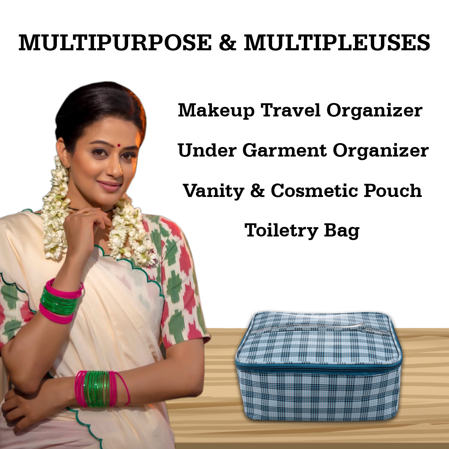 Kuber Industries Under Garment Kit|Rexine Makeup Travel Organizer|Check Print Vanity & Cosmetic Pouch|Toiletry Bag with Handle for Men & Women (Turquoise)